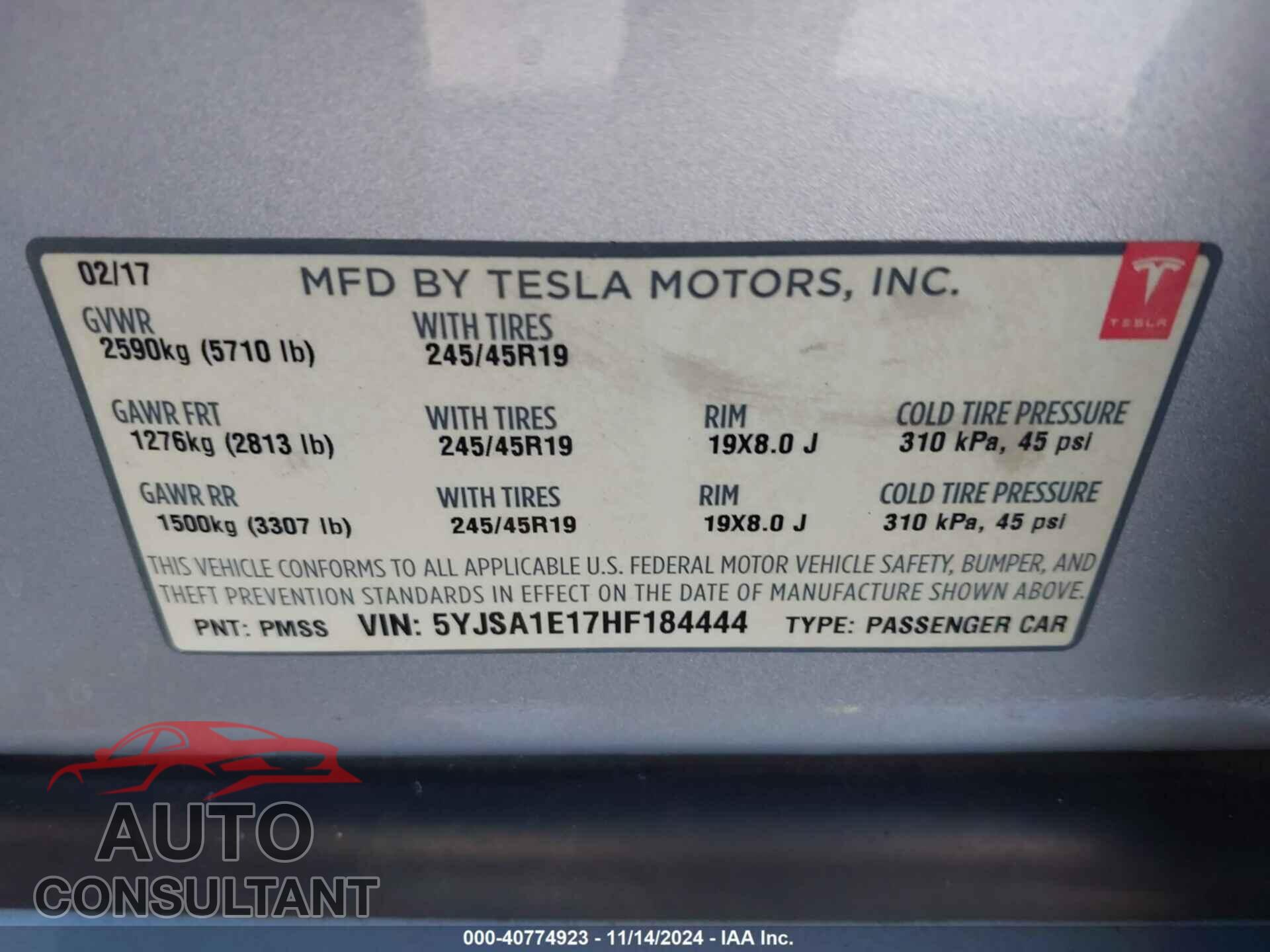 TESLA MODEL S 2017 - 5YJSA1E17HF184444