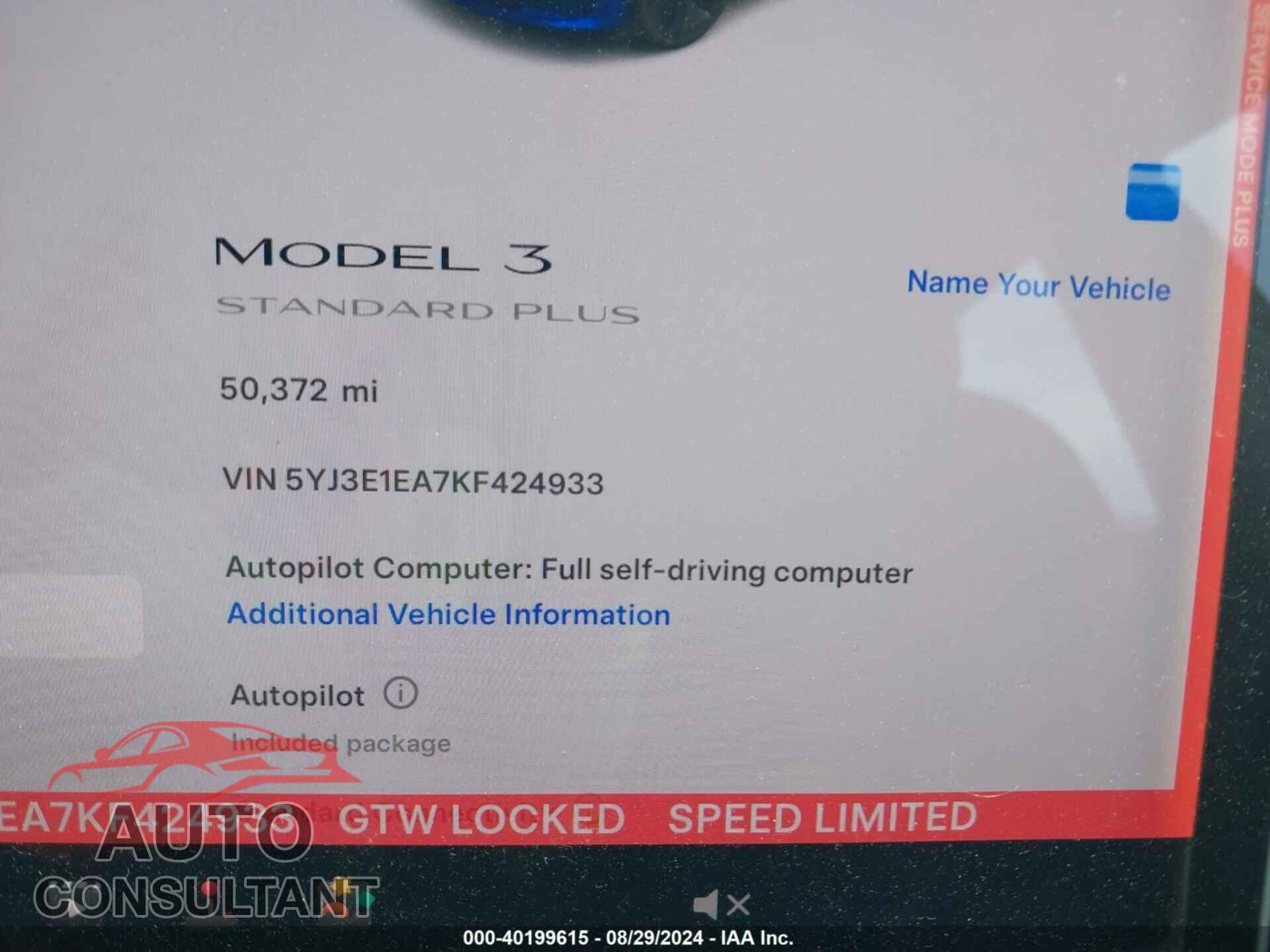 TESLA MODEL 3 2019 - 5YJ3E1EA7KF424933