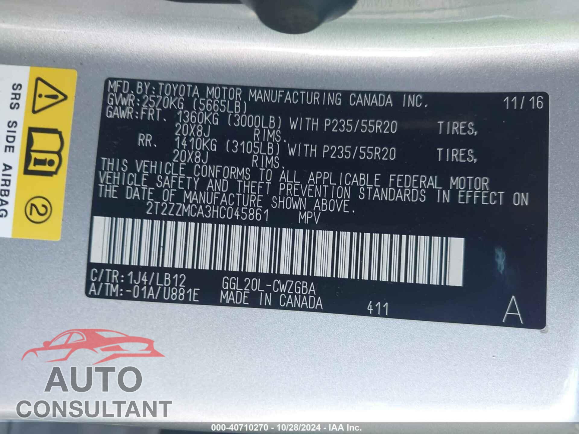 LEXUS RX 350 2017 - 2T2ZZMCA3HC045861