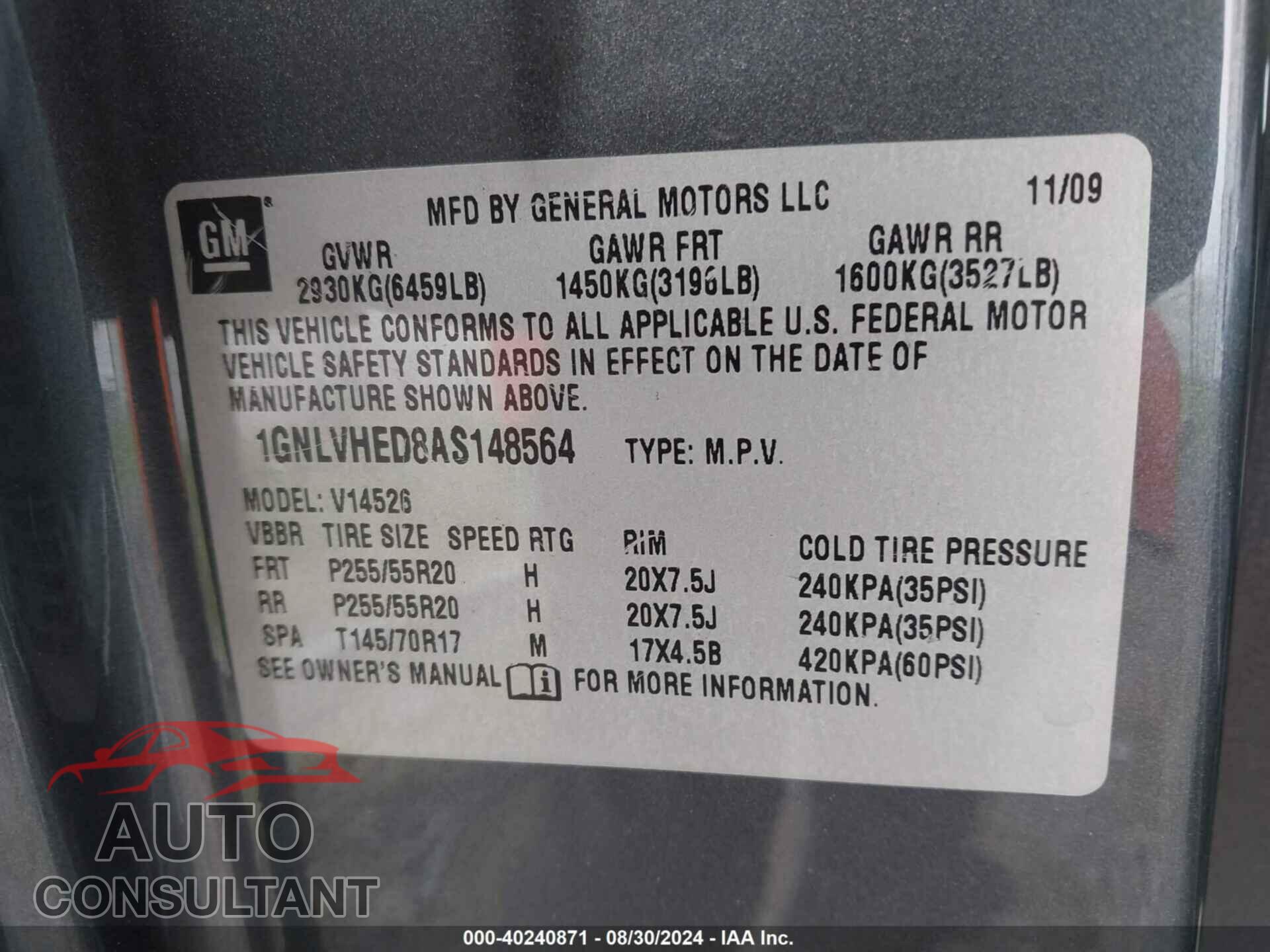 CHEVROLET TRAVERSE 2010 - 1GNLVHED8AS148564
