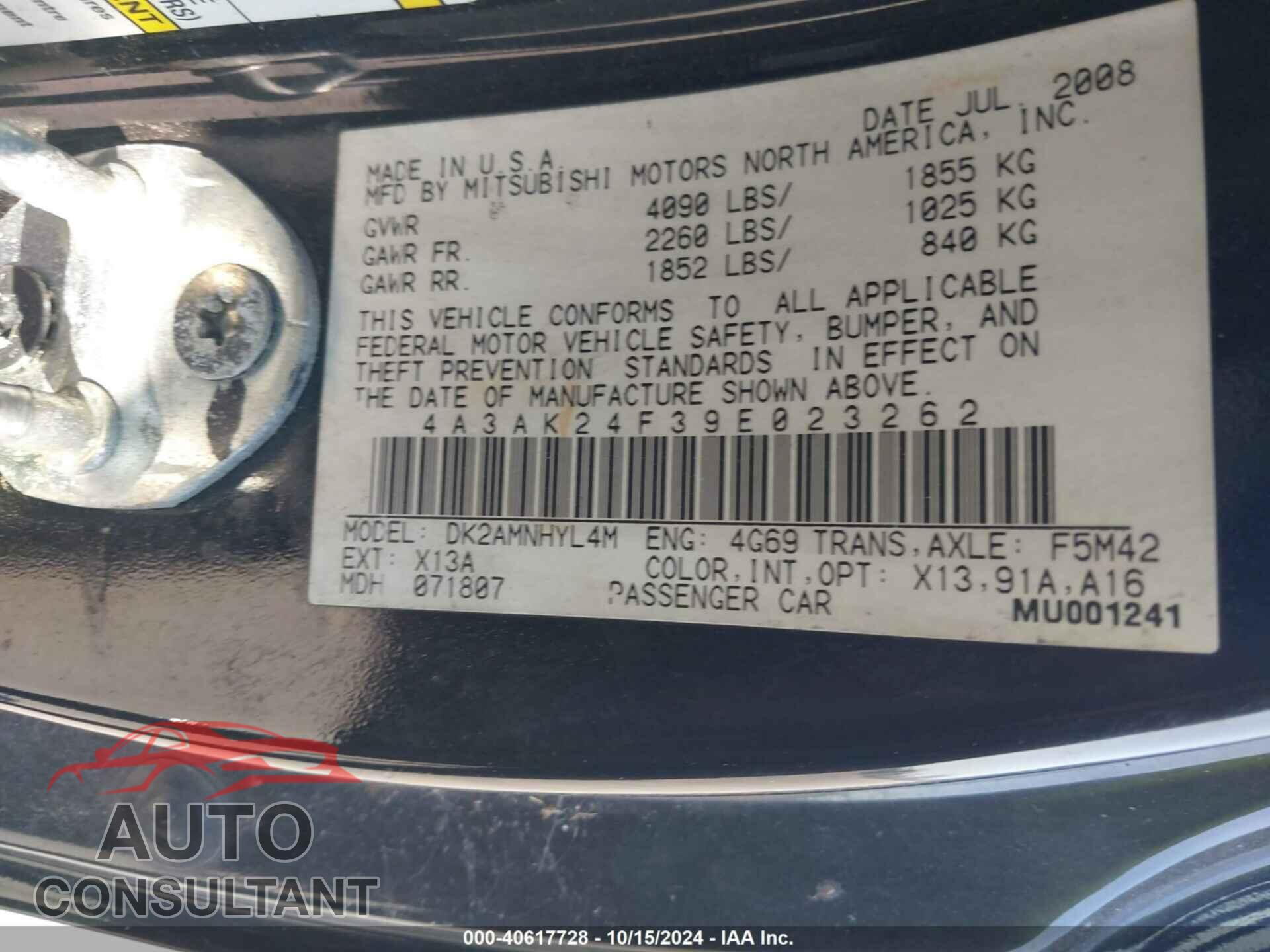 MITSUBISHI ECLIPSE 2009 - 4A3AK24F39E023262