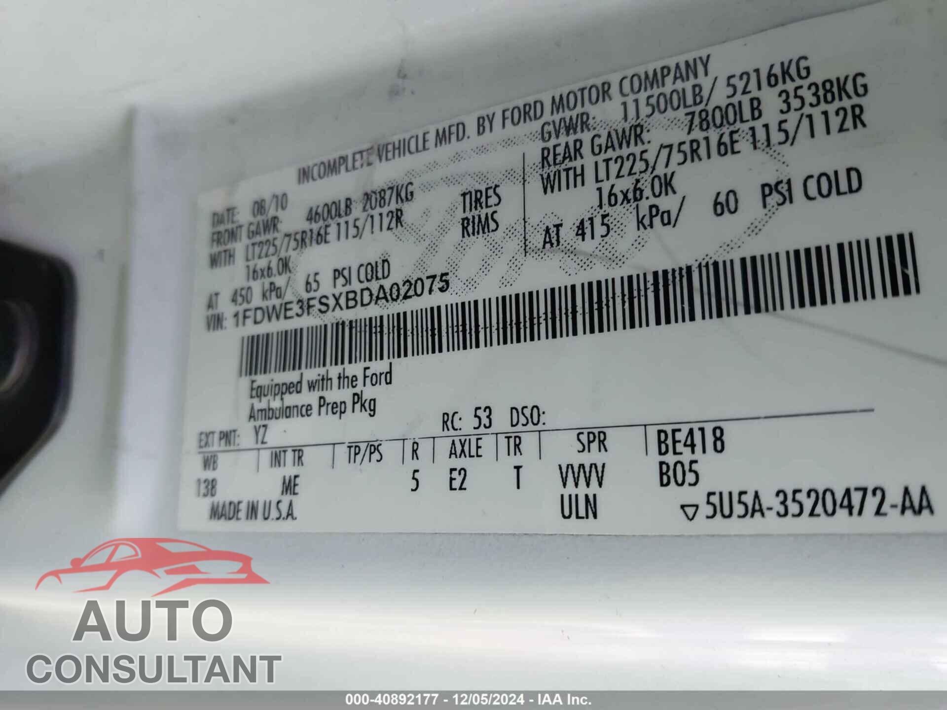 FORD E-350 CUTAWAY 2011 - 1FDWE3FSXBDA02075