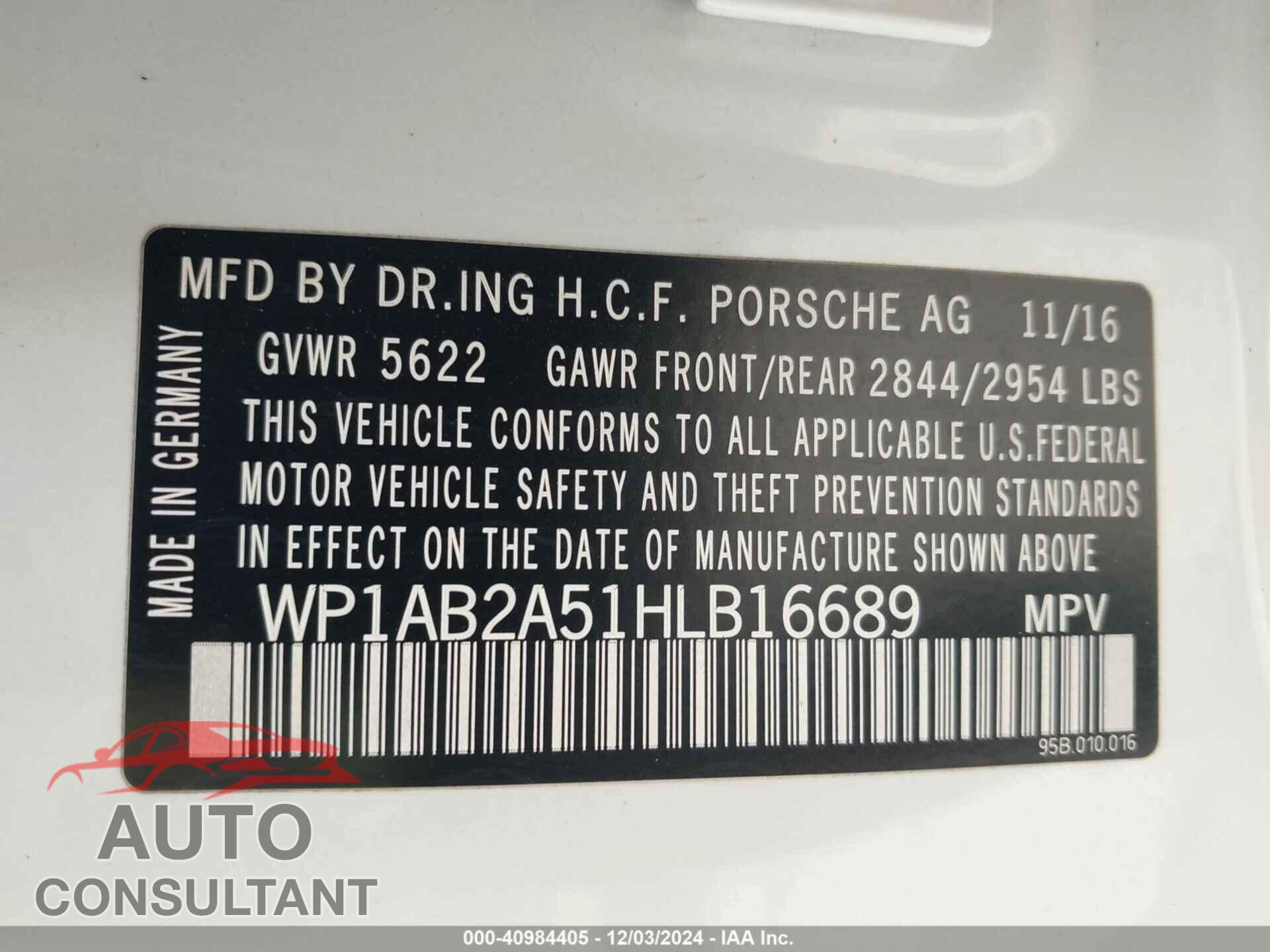 PORSCHE MACAN 2017 - WP1AB2A51HLB16689
