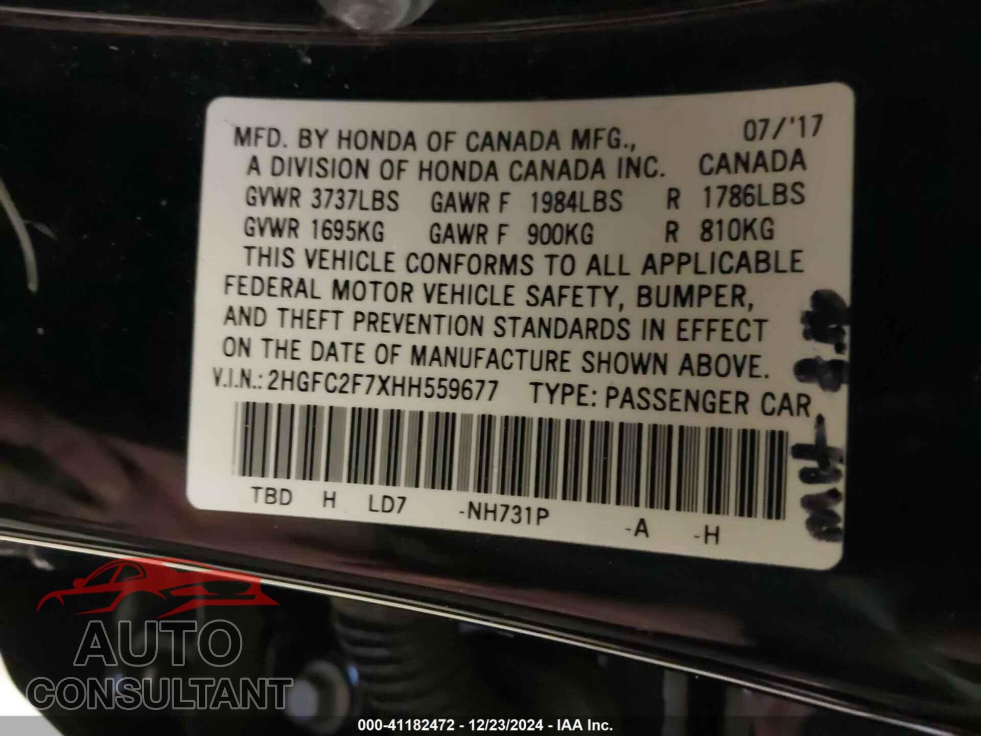HONDA CIVIC 2017 - 2HGFC2F7XHH559677