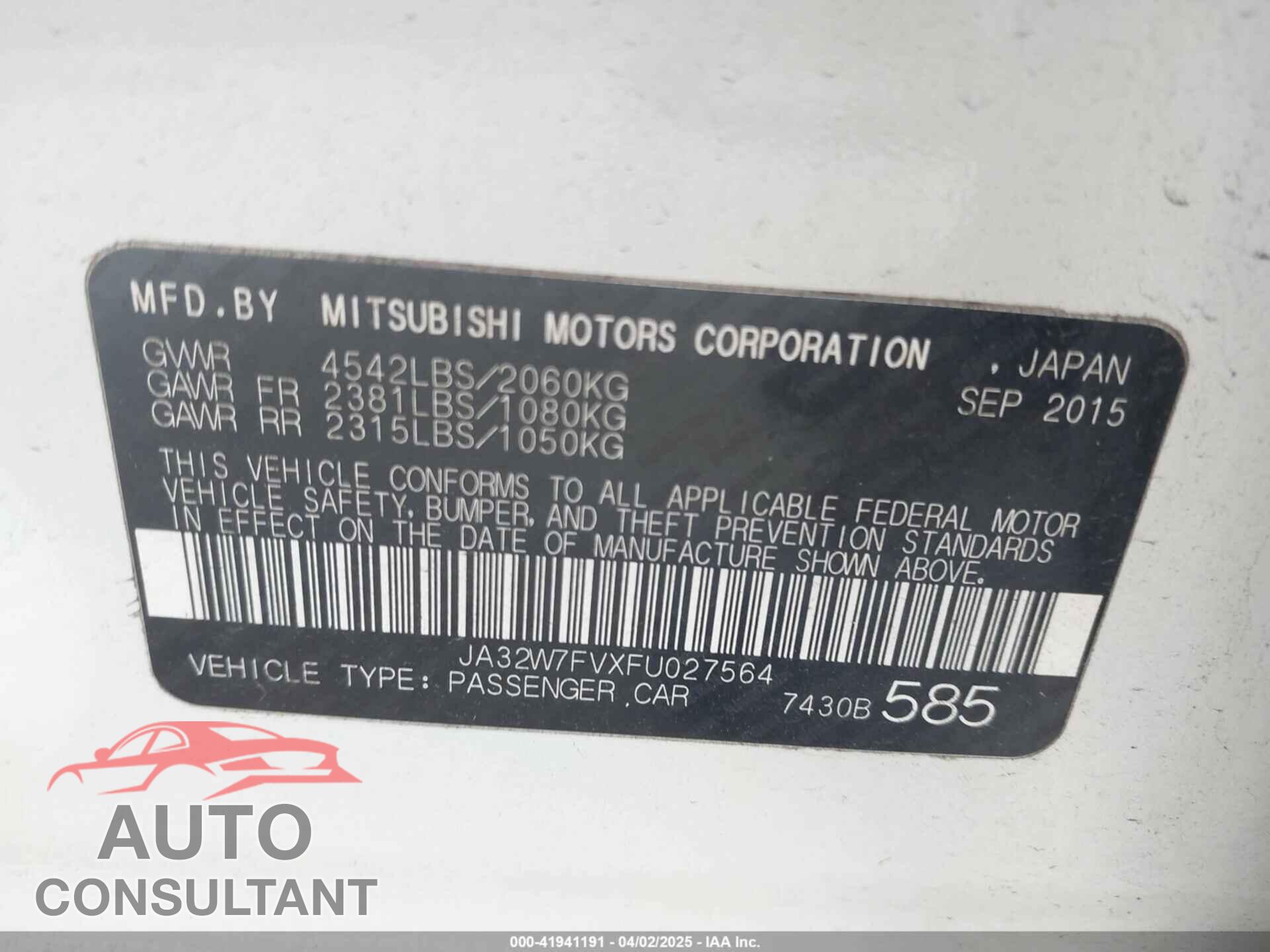 MITSUBISHI LANCER EVOLUTION 2015 - JA32W7FVXFU027564