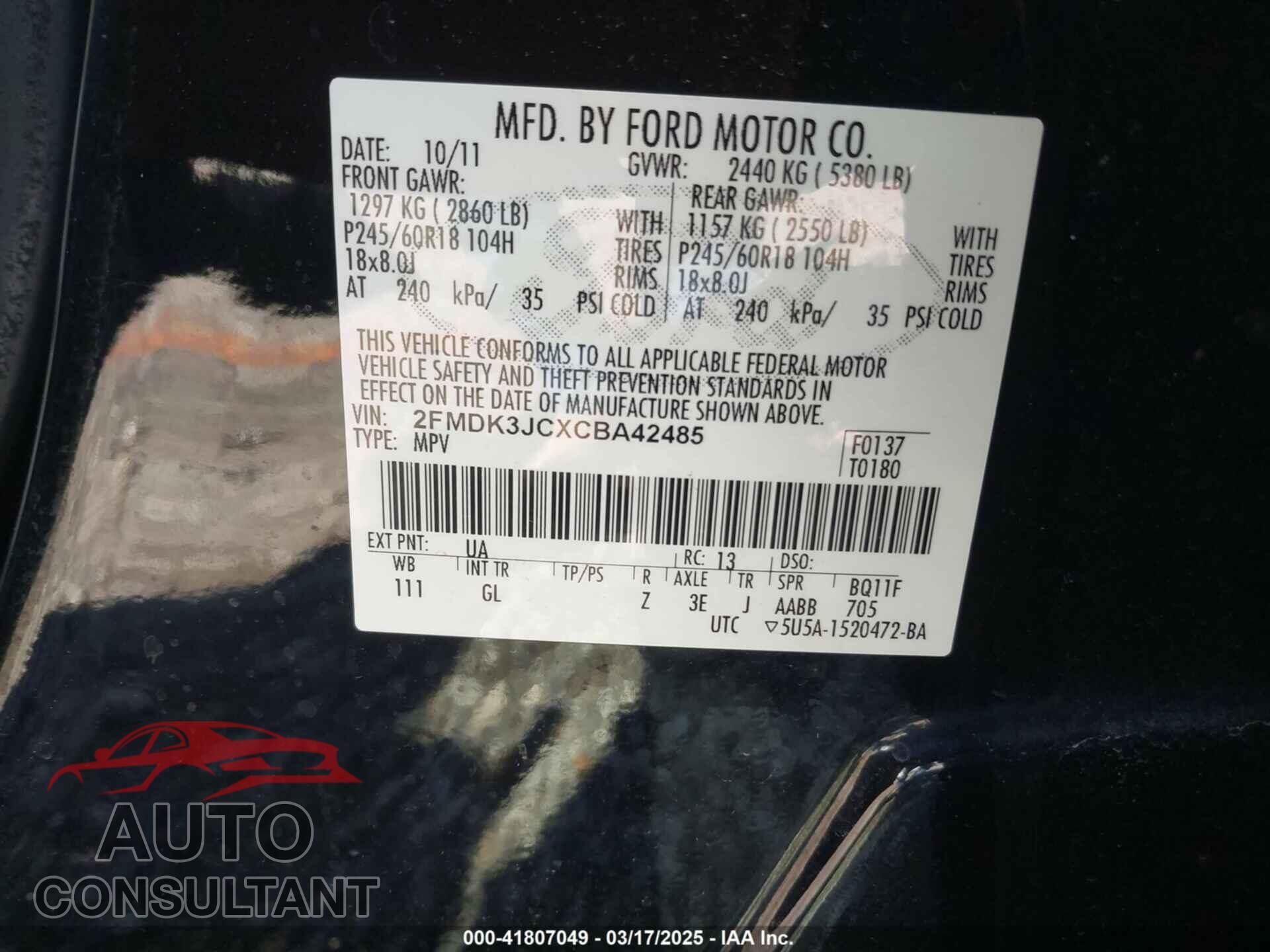 FORD EDGE 2012 - 2FMDK3JCXCBA42485
