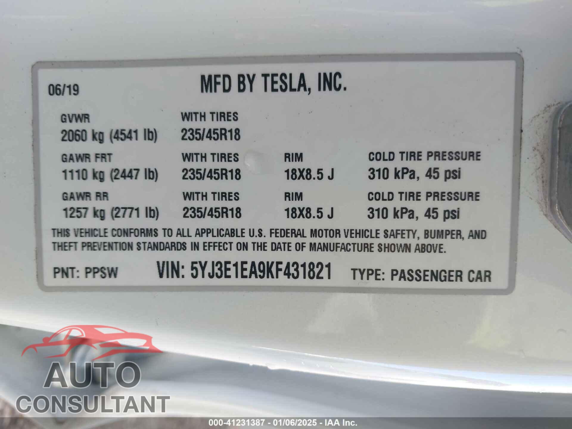 TESLA MODEL 3 2019 - 5YJ3E1EA9KF431821