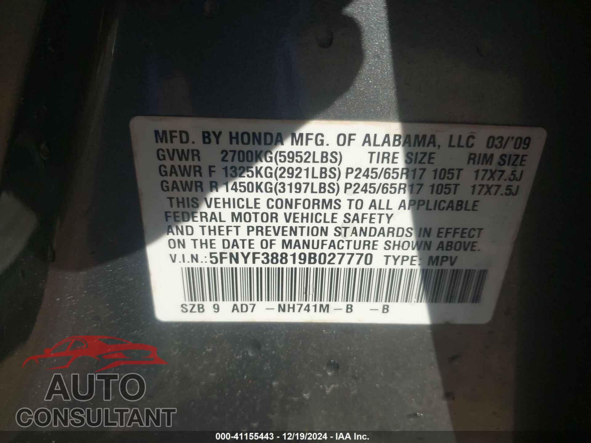 HONDA PILOT 2009 - 5FNYF38819B027770