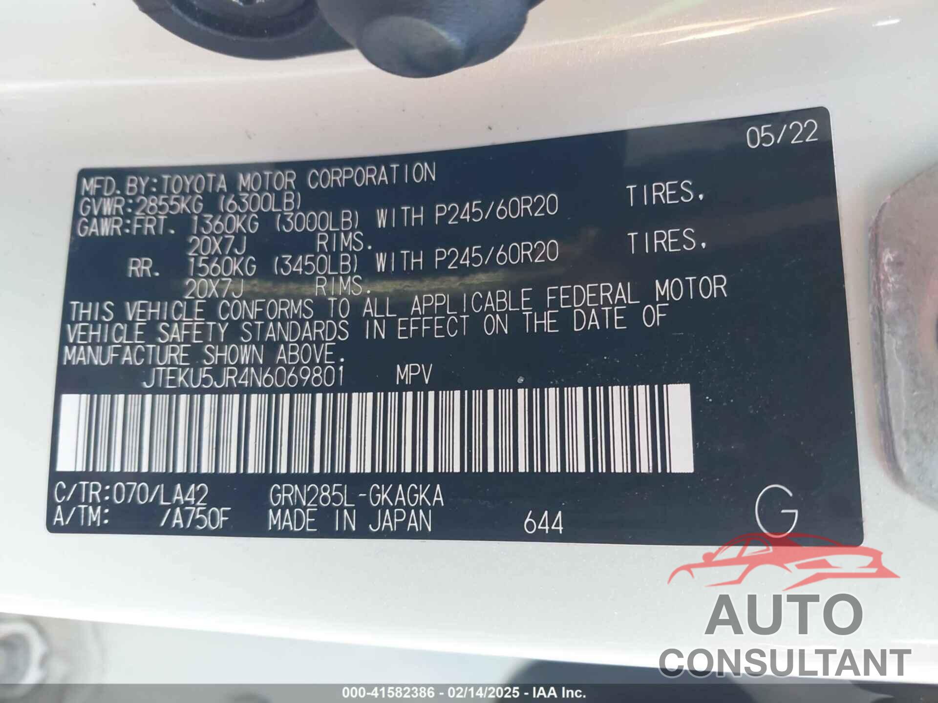 TOYOTA 4RUNNER 2022 - JTEKU5JR4N6069801