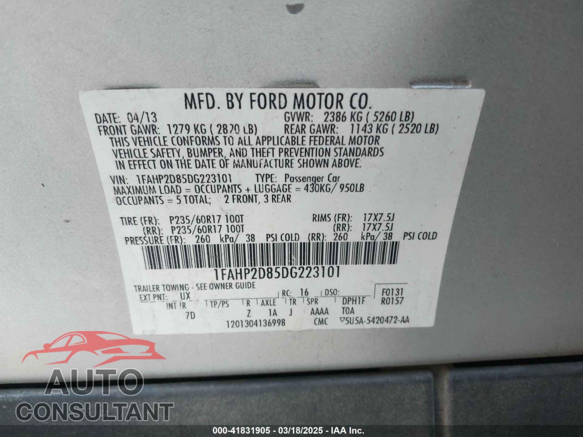 FORD TAURUS 2013 - 1FAHP2D85DG223101