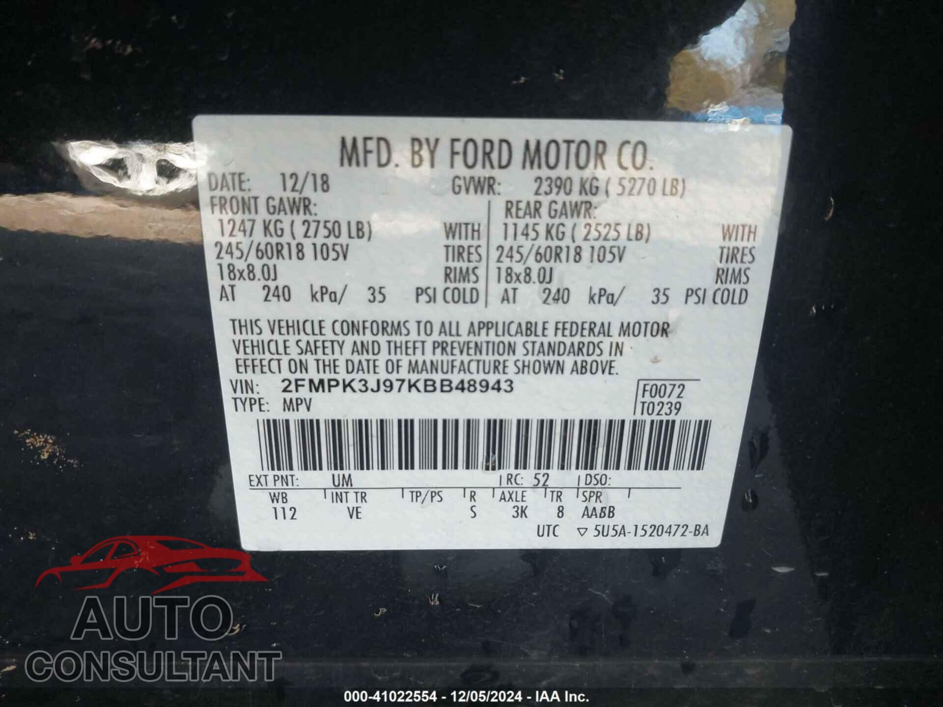 FORD EDGE 2019 - 2FMPK3J97KBB48943