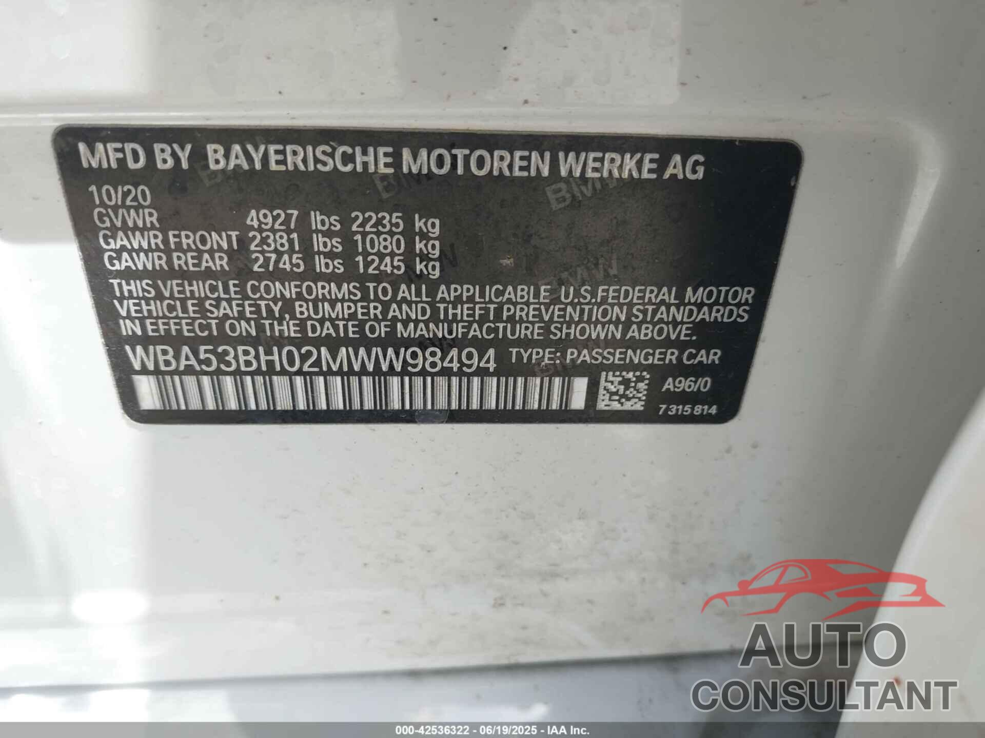 BMW 530I 2021 - WBA53BH02MWW98494