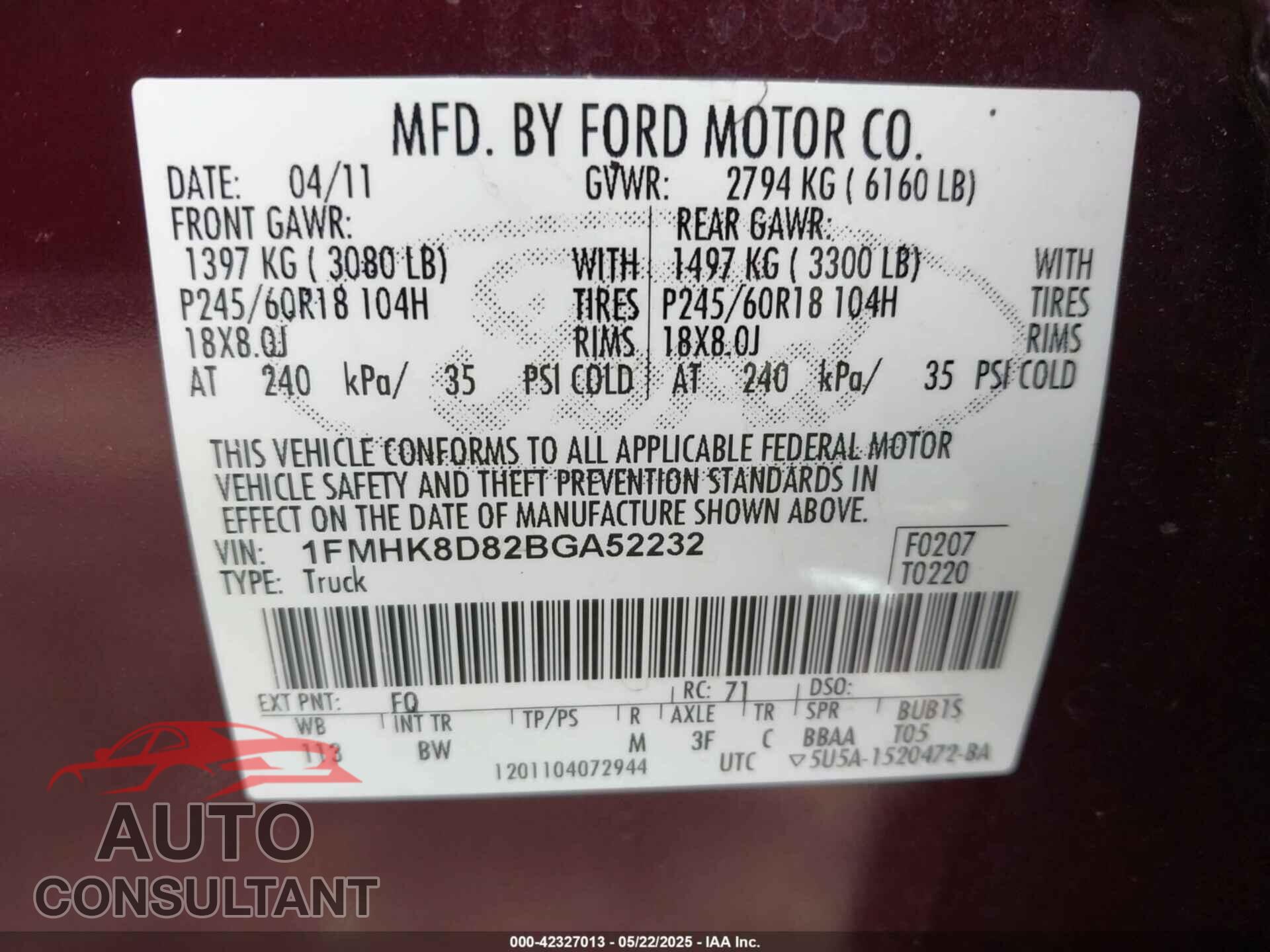 FORD EXPLORER 2011 - 1FMHK8D82BGA52232