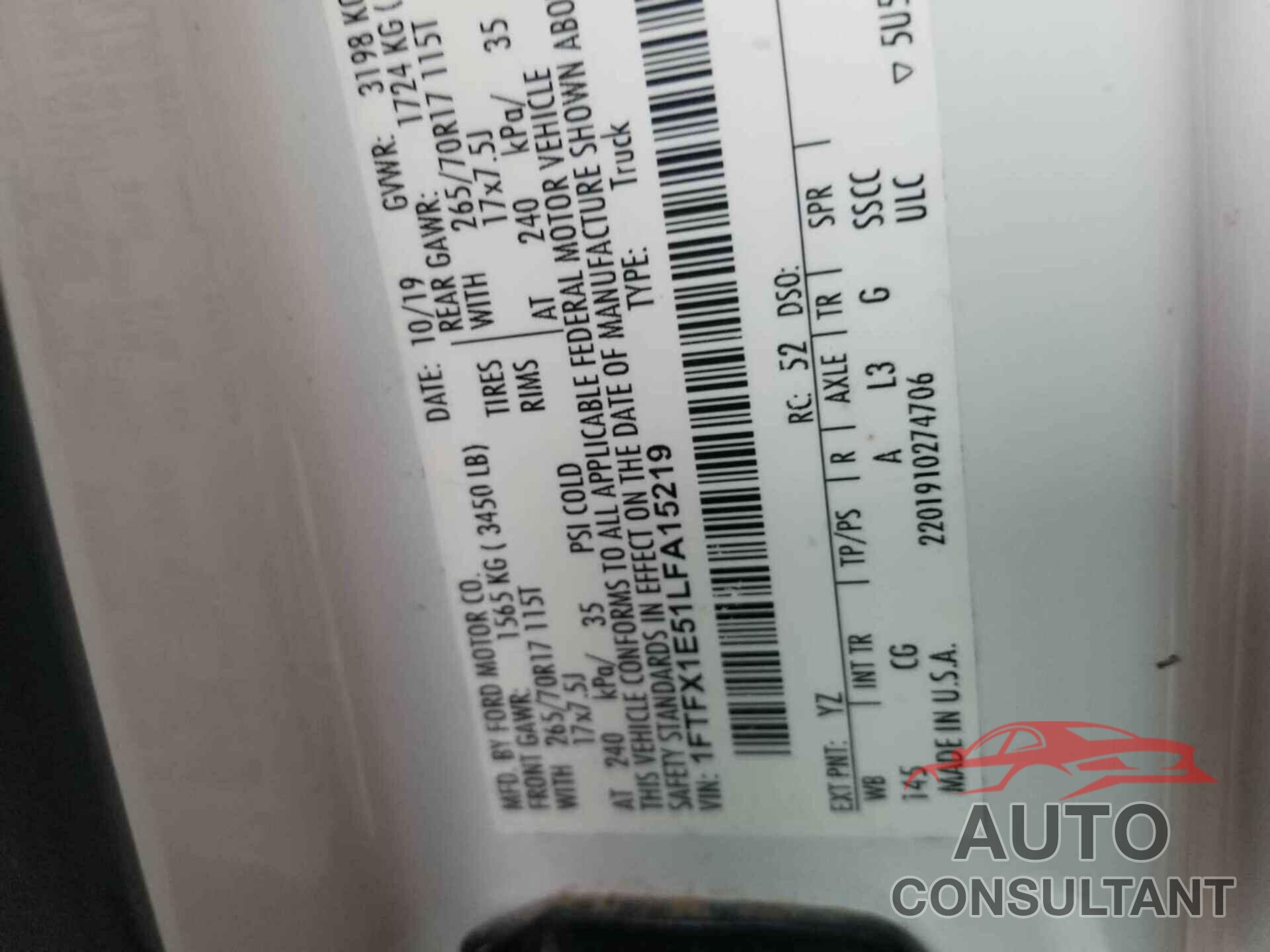 FORD F150 2020 - 1FTFX1E51LFA15219