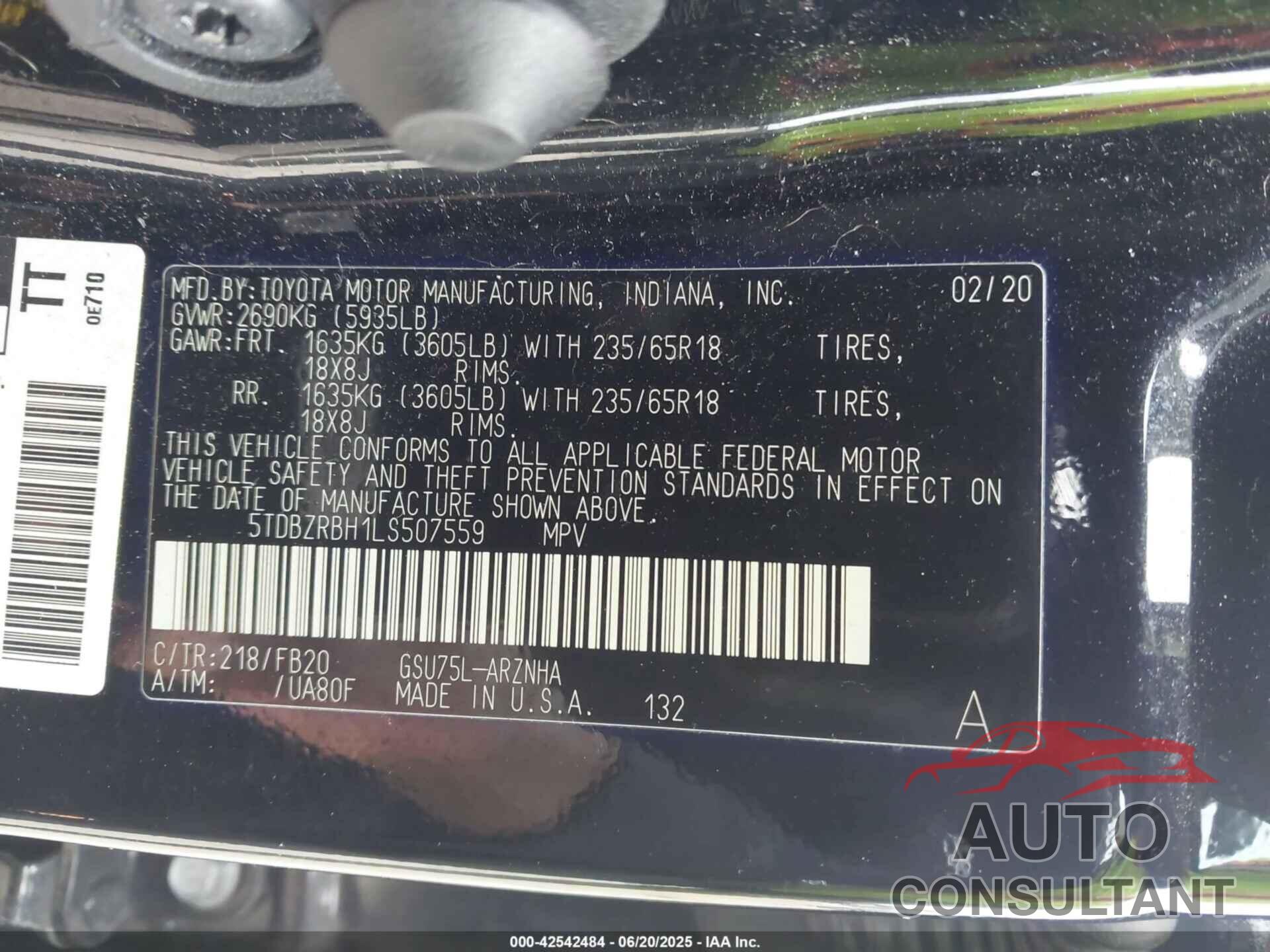 TOYOTA HIGHLANDER 2020 - 5TDBZRBH1LS507559