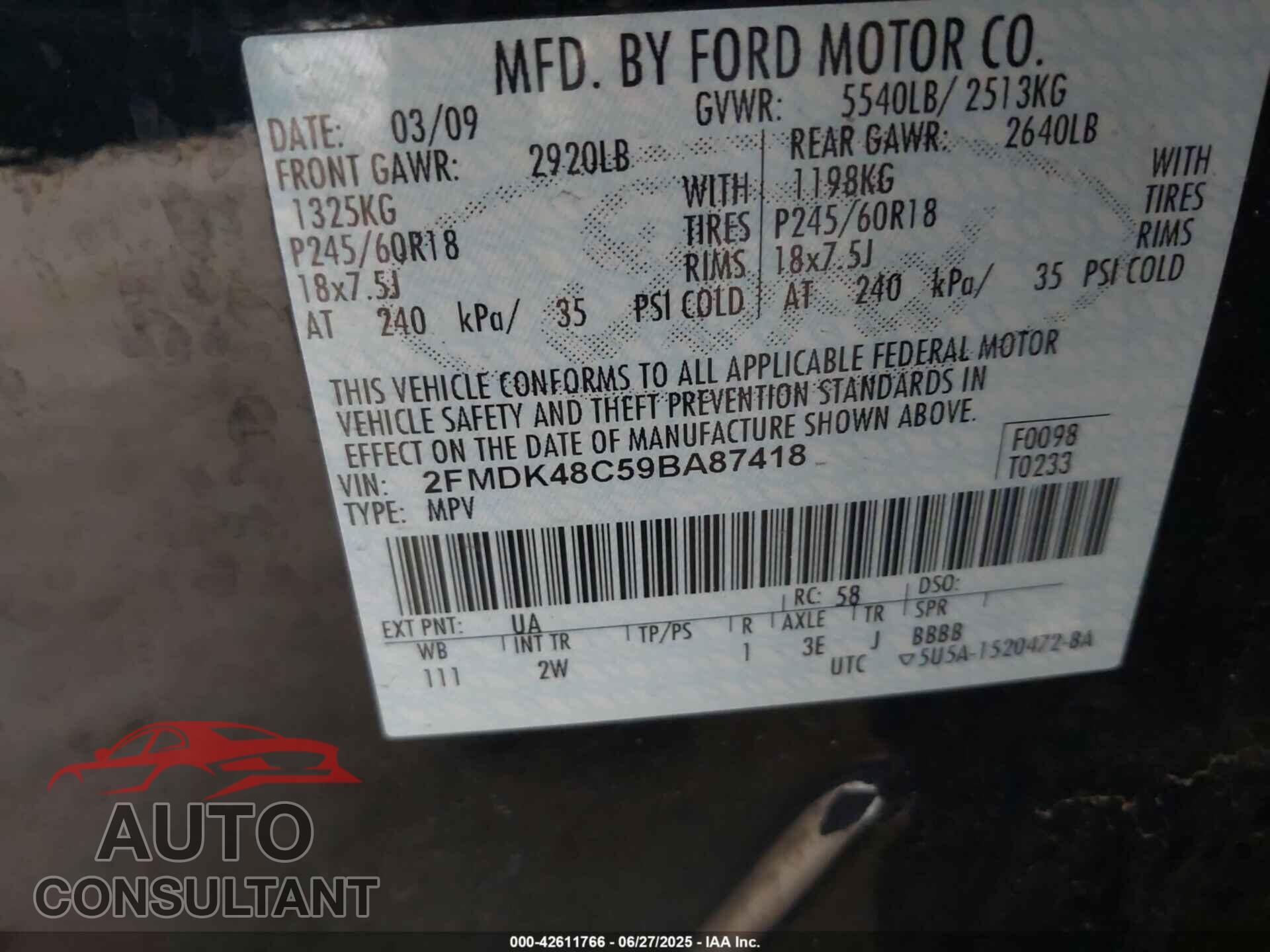FORD EDGE 2009 - 2FMDK48C59BA87418