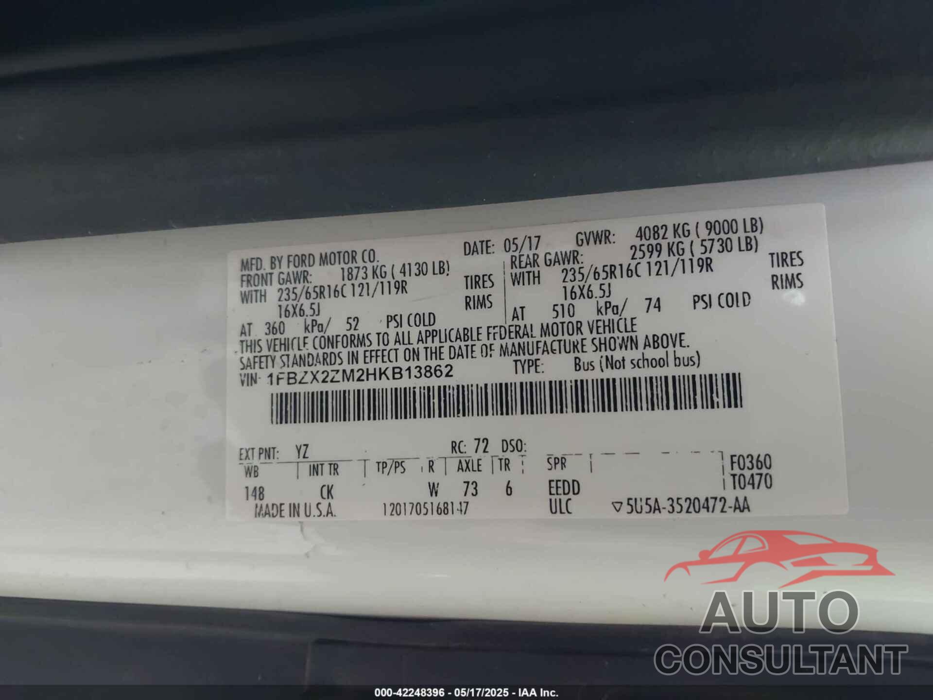 FORD TRANSIT-350 2017 - 1FBZX2ZM2HKB13862