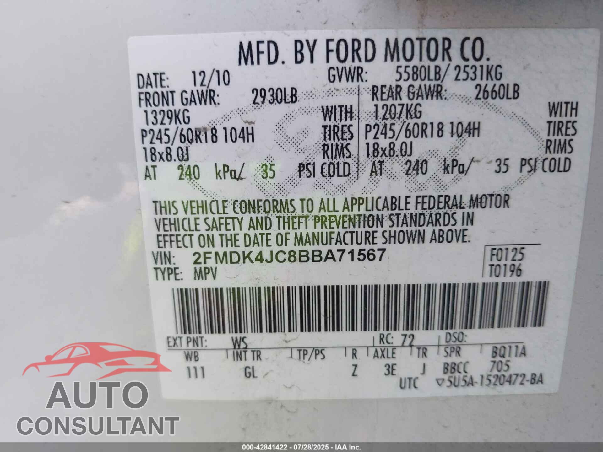 FORD EDGE 2011 - 2FMDK4JC8BBA71567
