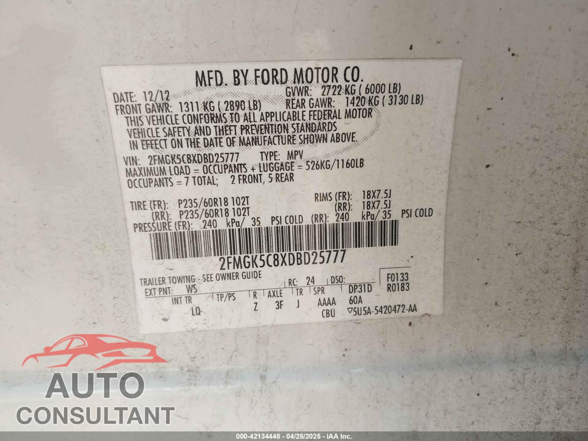 FORD FLEX 2013 - 2FMGK5C8XDBD25777