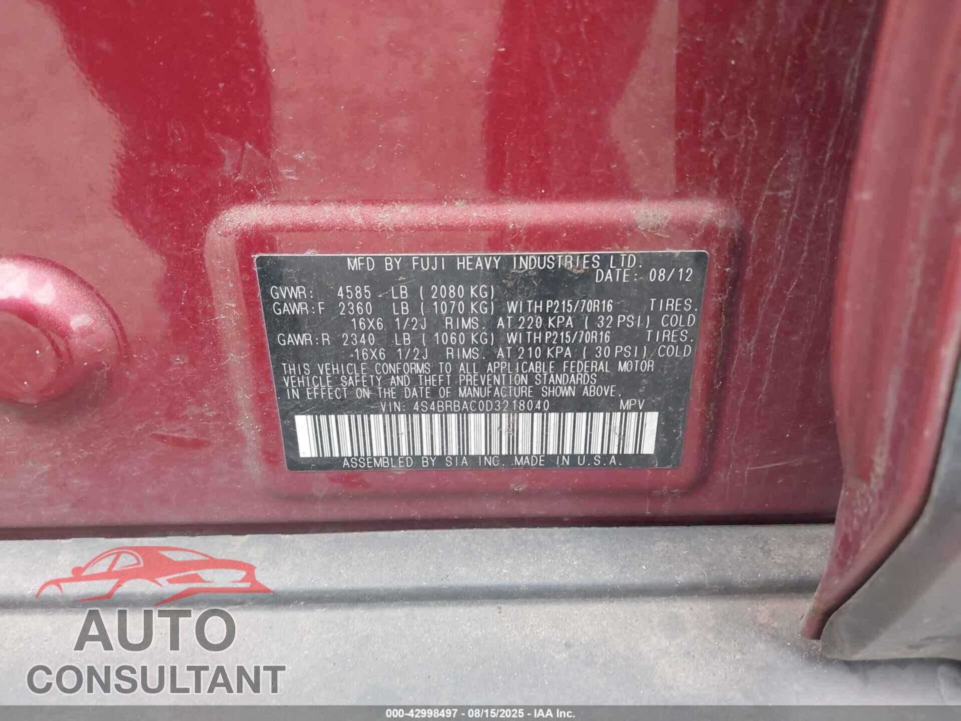 SUBARU OUTBACK 2013 - 4S4BRBAC0D3218040