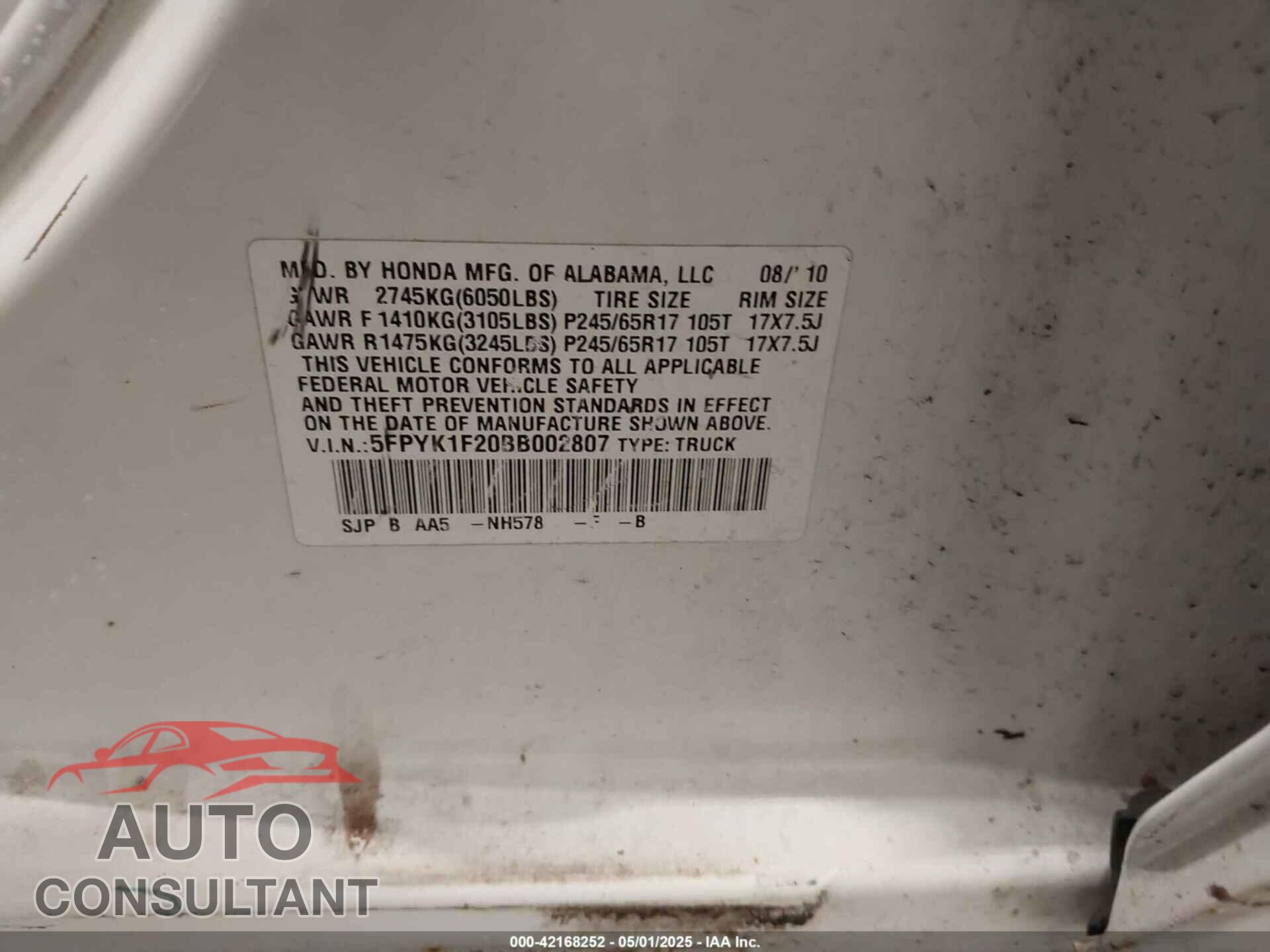 HONDA RIDGELINE 2011 - 5FPYK1F20BB002807