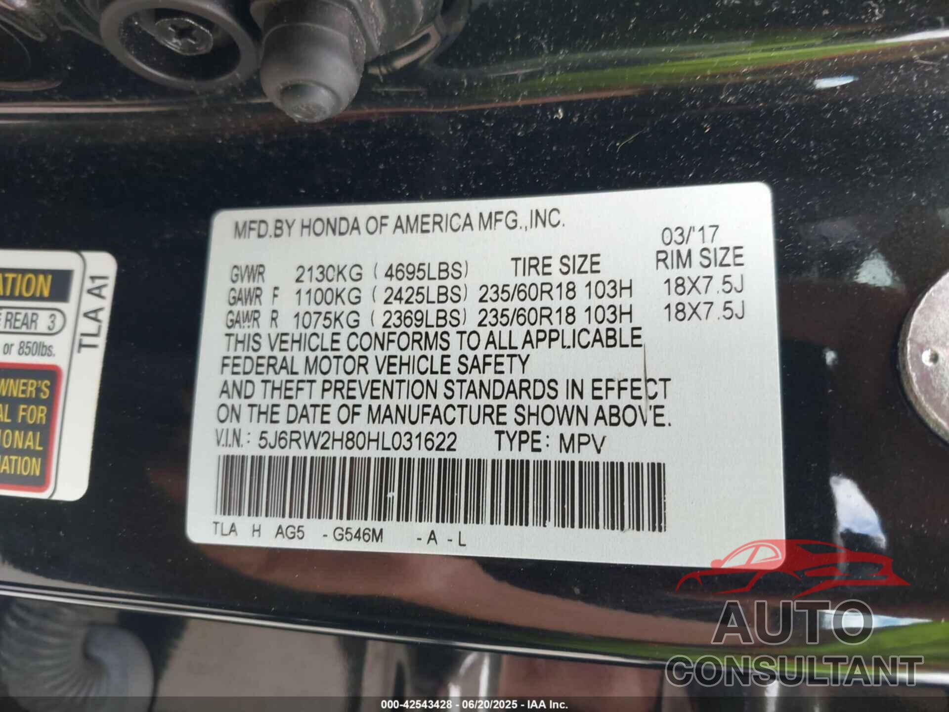 HONDA CR-V 2017 - 5J6RW2H80HL031622