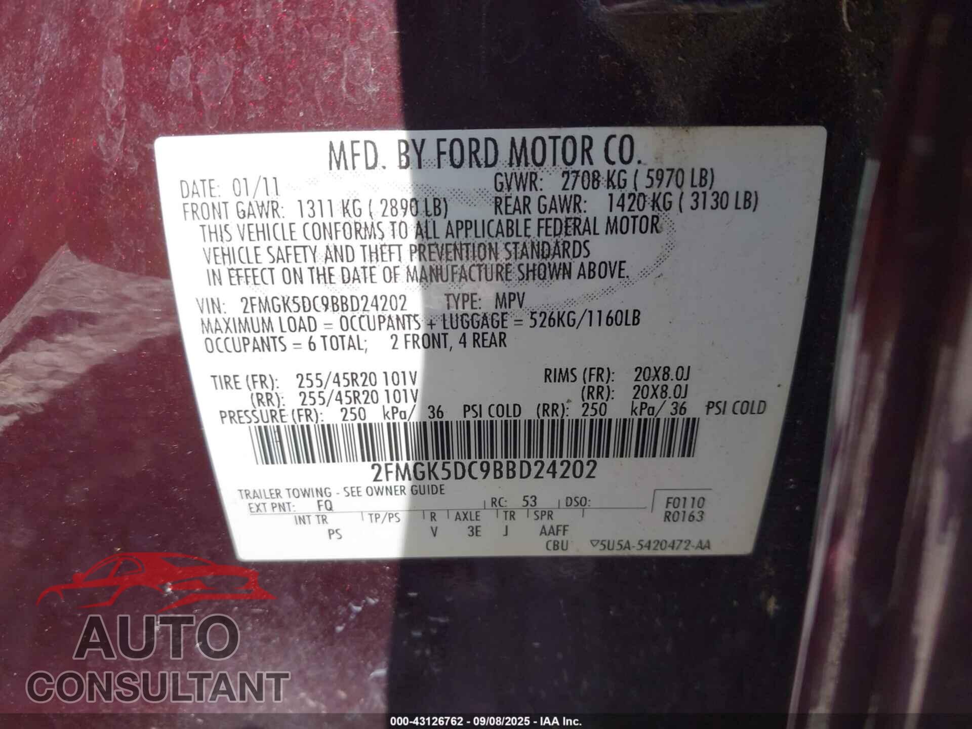 FORD FLEX 2011 - 2FMGK5DC9BBD24202
