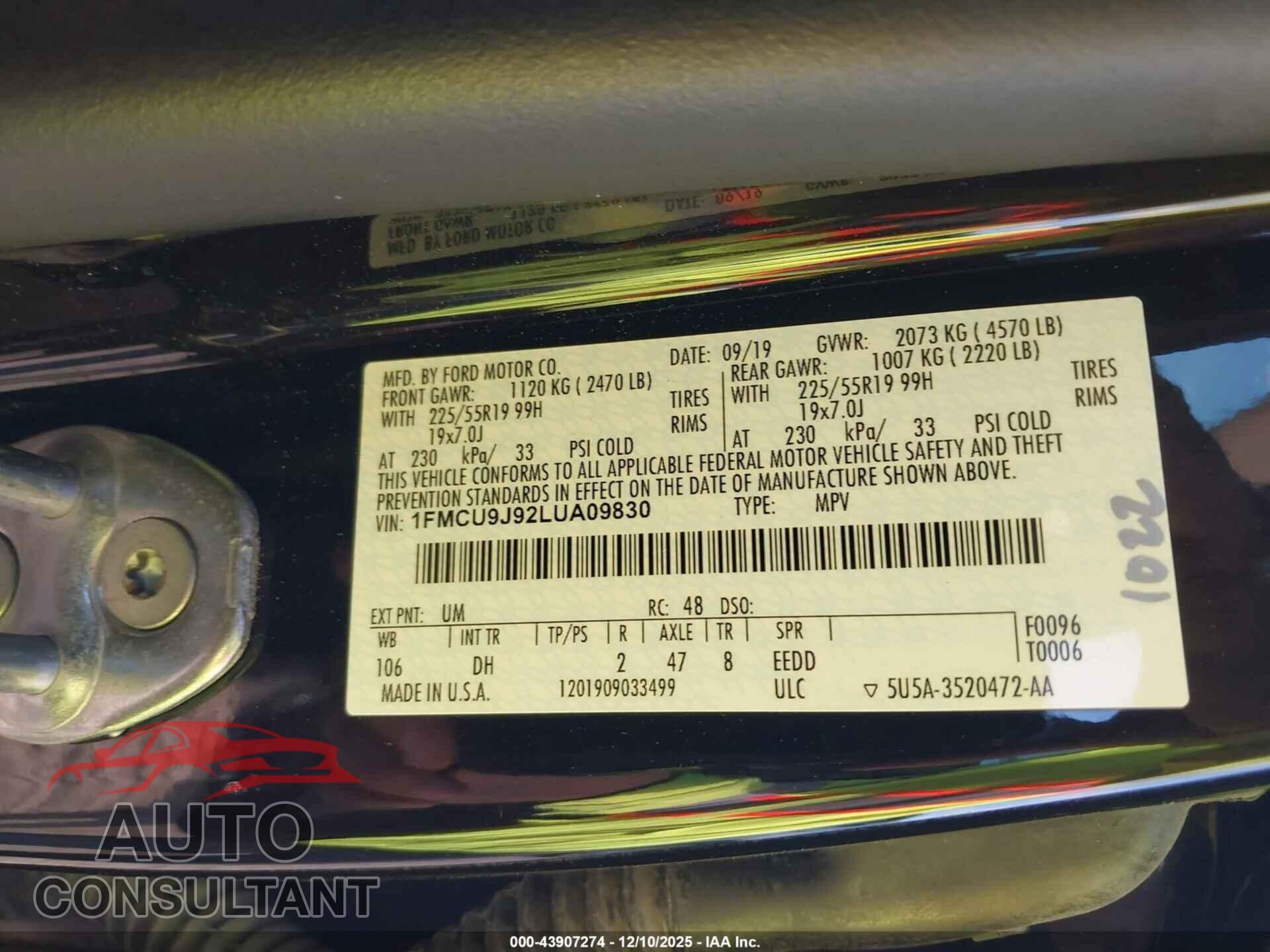 FORD ESCAPE 2020 - 1FMCU9J92LUA09830
