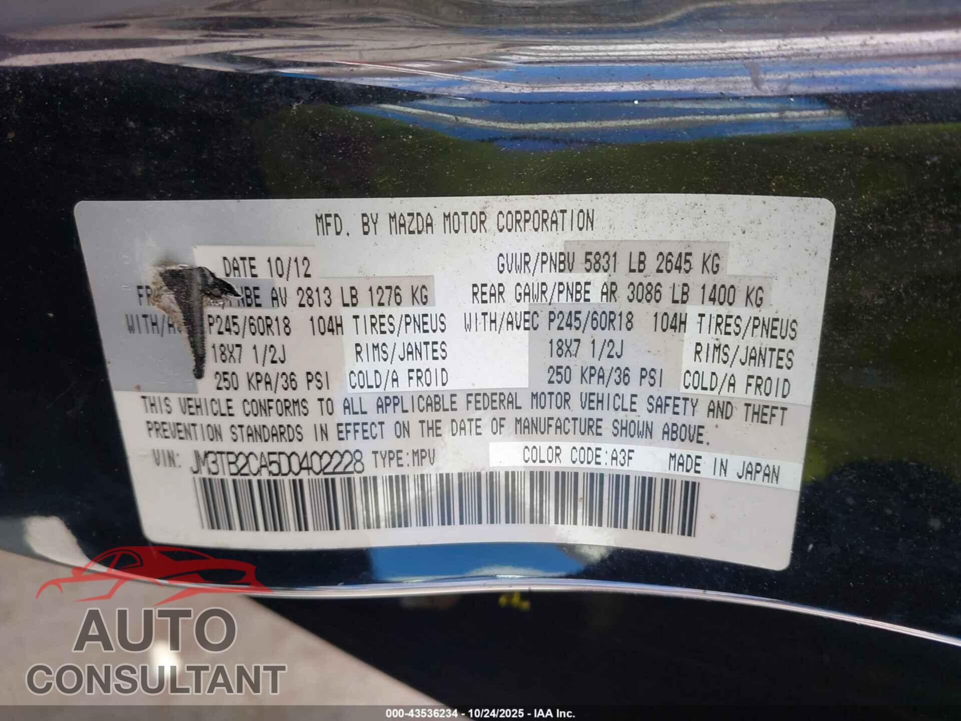 MAZDA CX-9 2013 - JM3TB2CA5D0402228