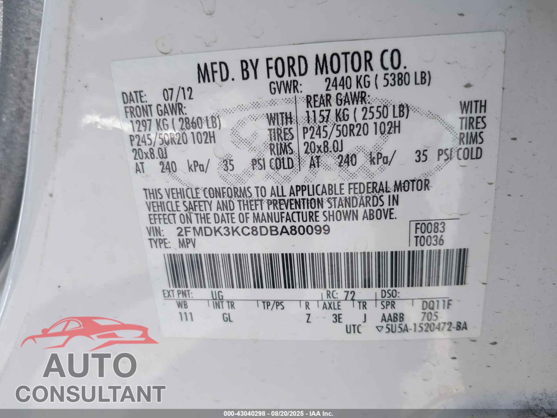 FORD EDGE 2013 - 2FMDK3KC8DBA80099