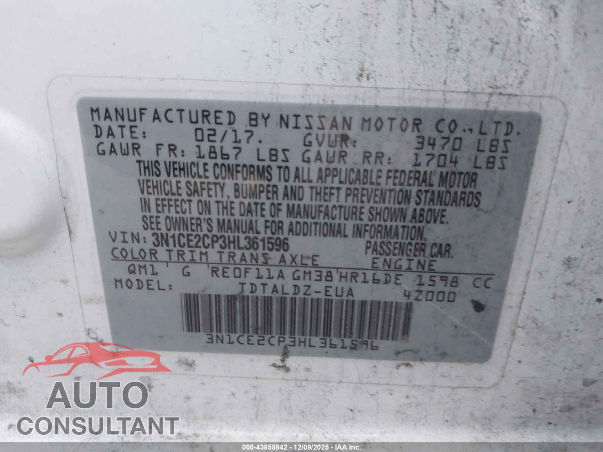 NISSAN VERSA NOTE 2017 - 3N1CE2CP3HL361596