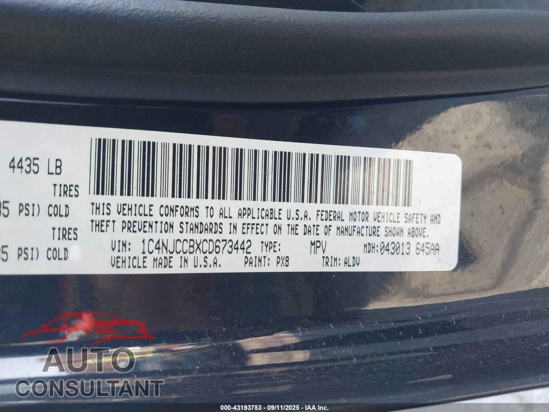 JEEP COMPASS 2012 - 1C4NJCCBXCD673442