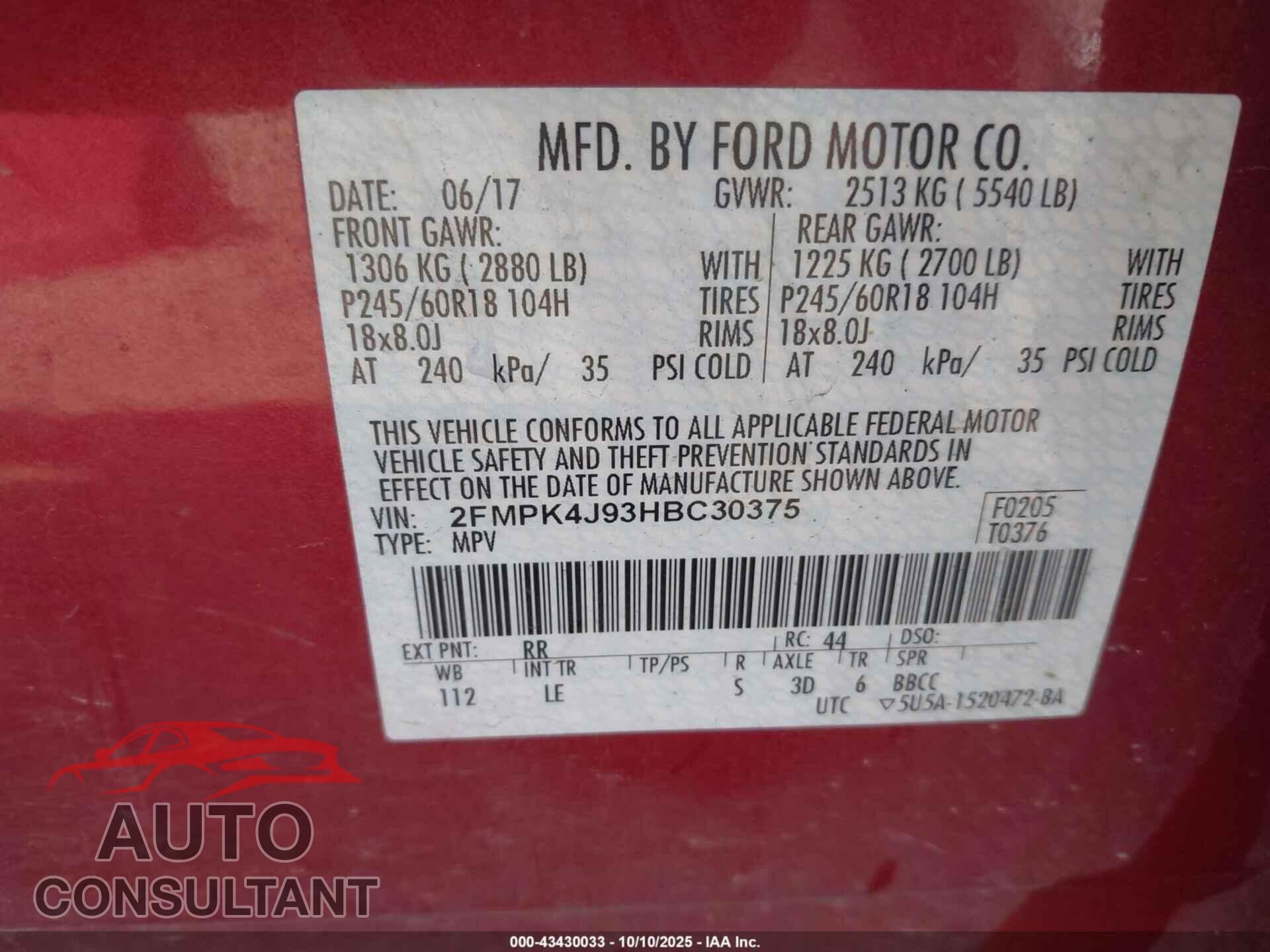 FORD EDGE 2017 - 2FMPK4J93HBC30375