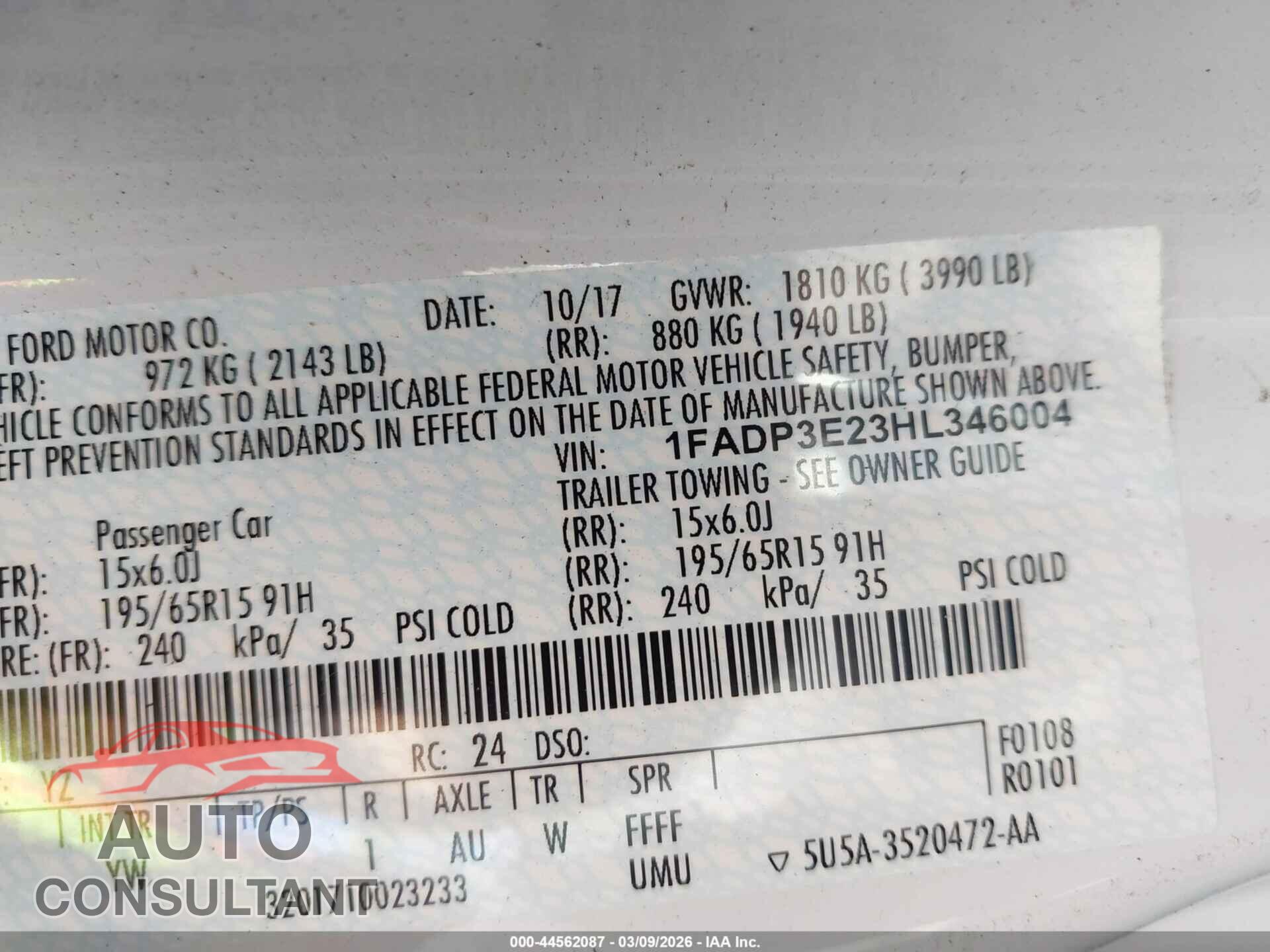 FORD FOCUS 2017 - 1FADP3E23HL346004