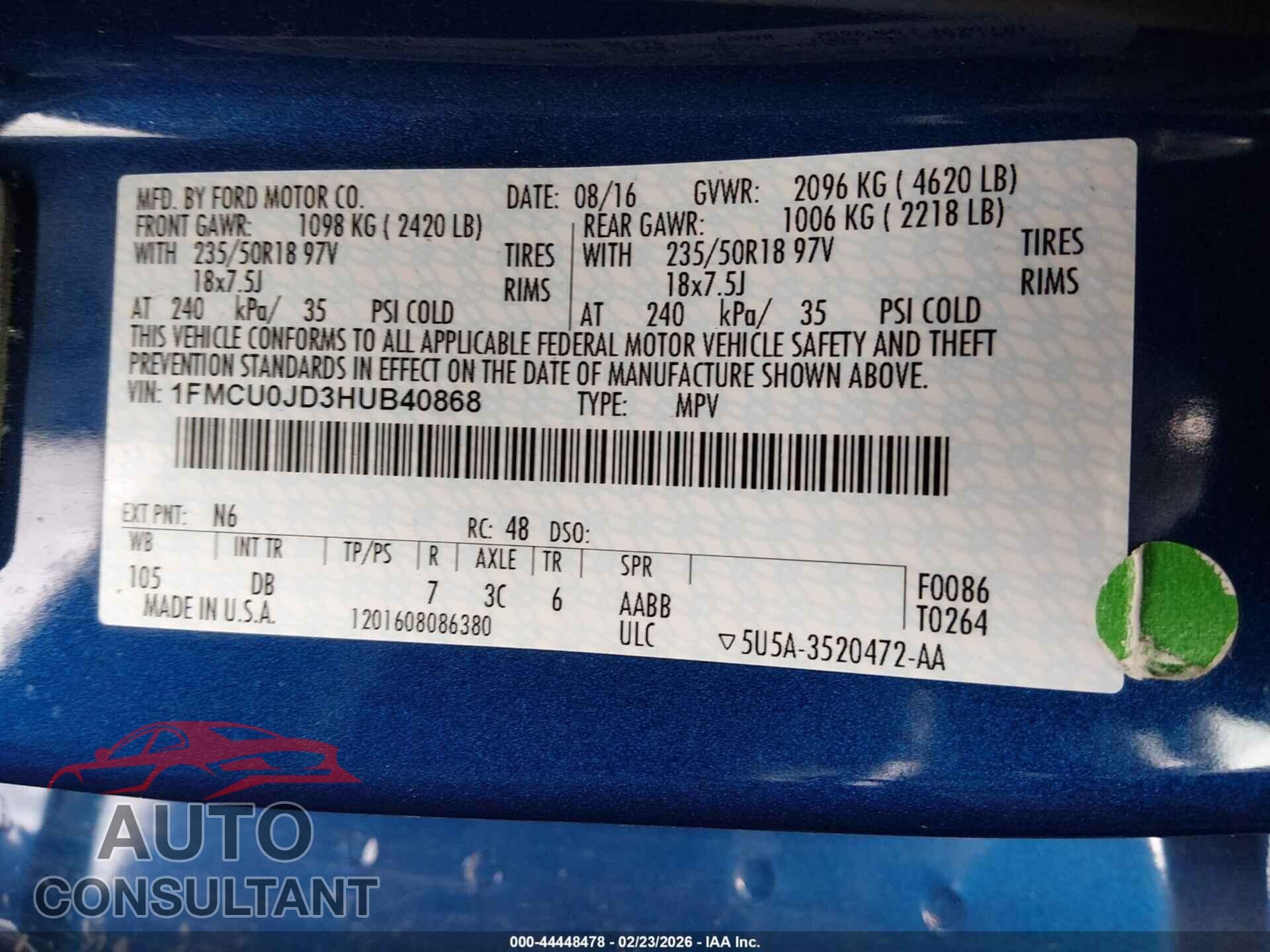 FORD ESCAPE 2017 - 1FMCU0JD3HUB40868