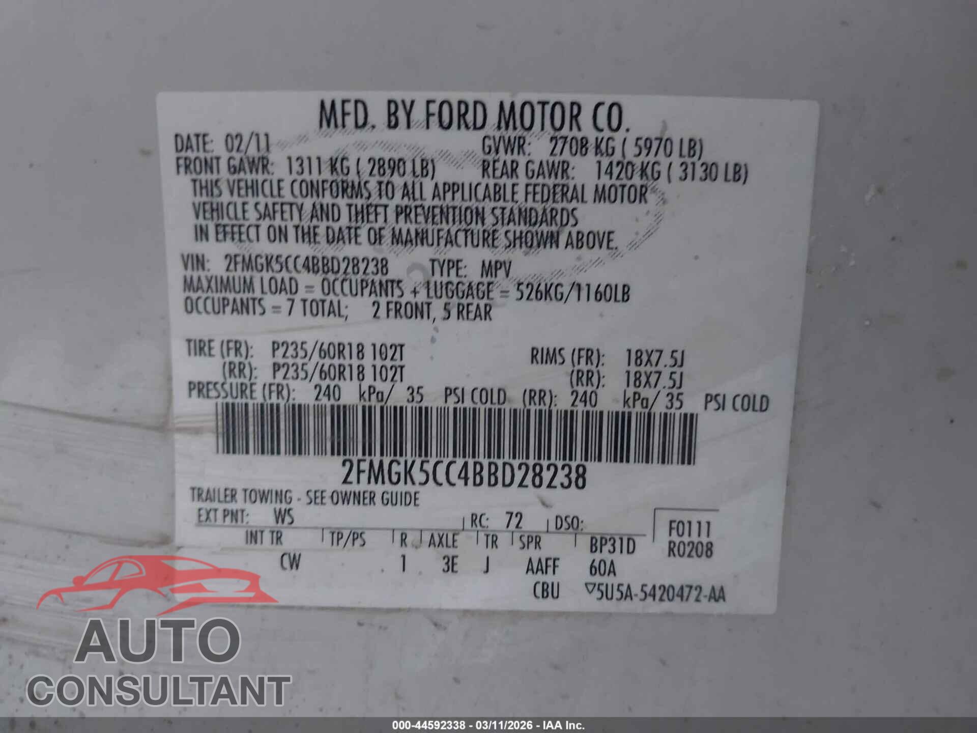 FORD FLEX 2011 - 2FMGK5CC4BBD28238