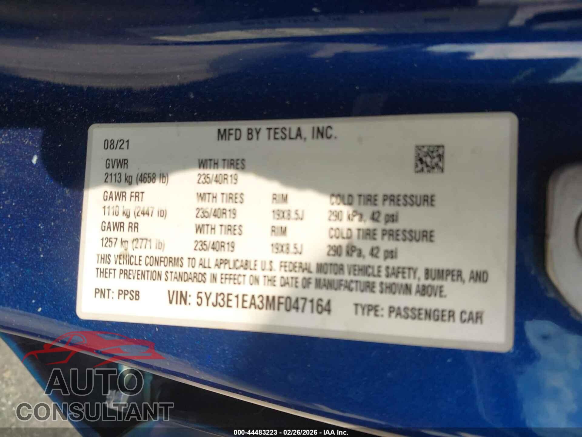 TESLA MODEL 3 2021 - 5YJ3E1EA3MF047164