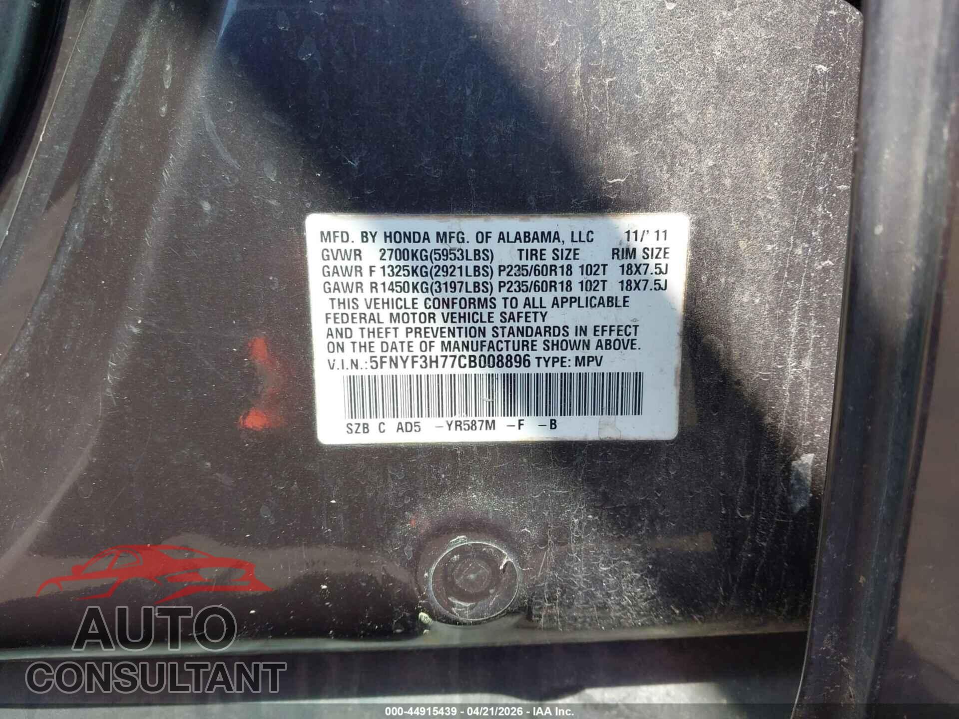 HONDA PILOT 2012 - 5FNYF3H77CB008896