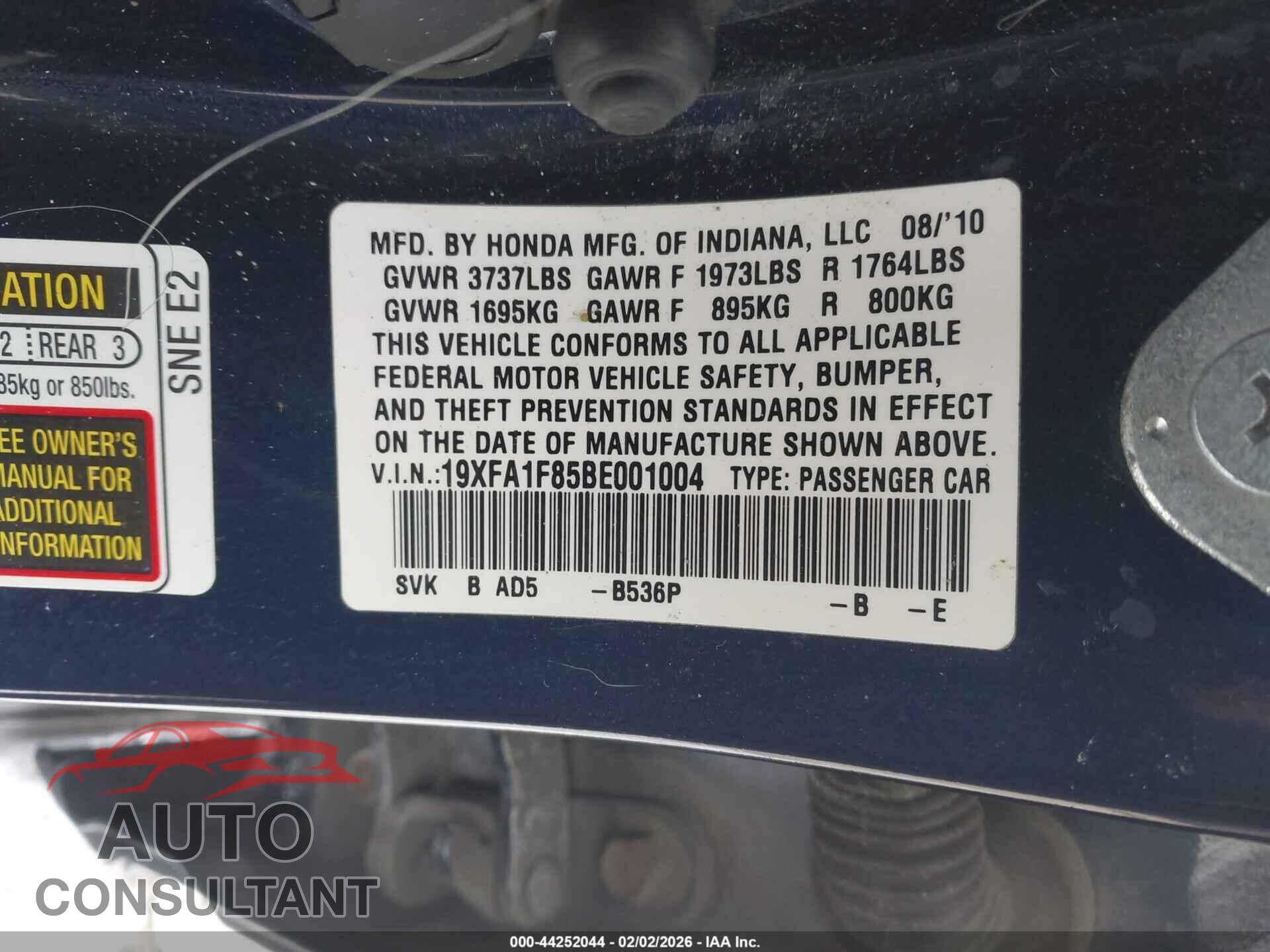 HONDA CIVIC 2011 - 19XFA1F85BE001004