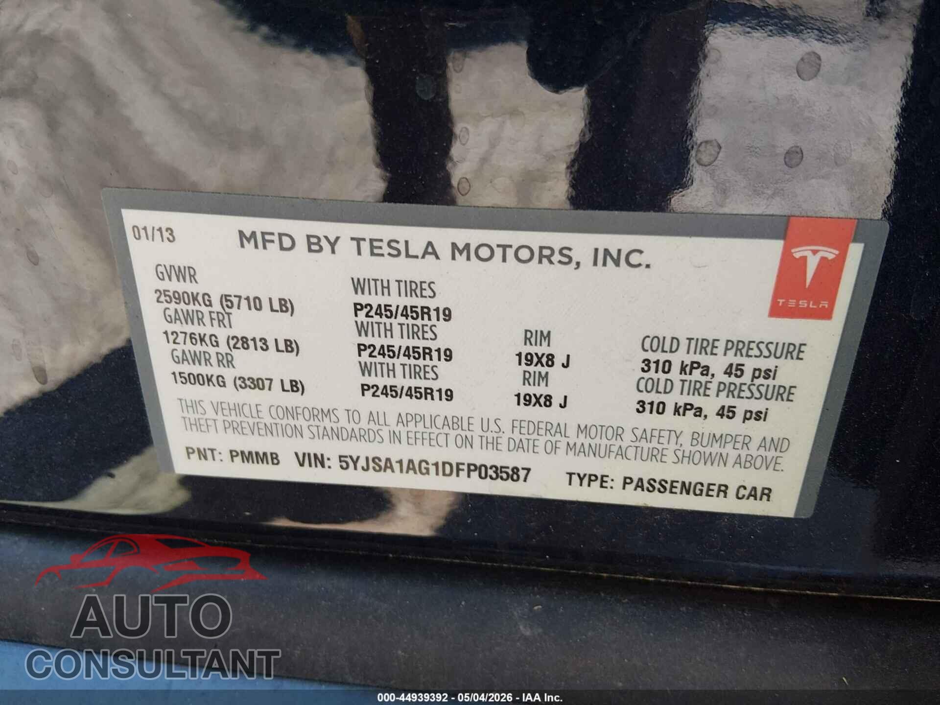 TESLA MODEL S 2013 - 5YJSA1AG1DFP03587