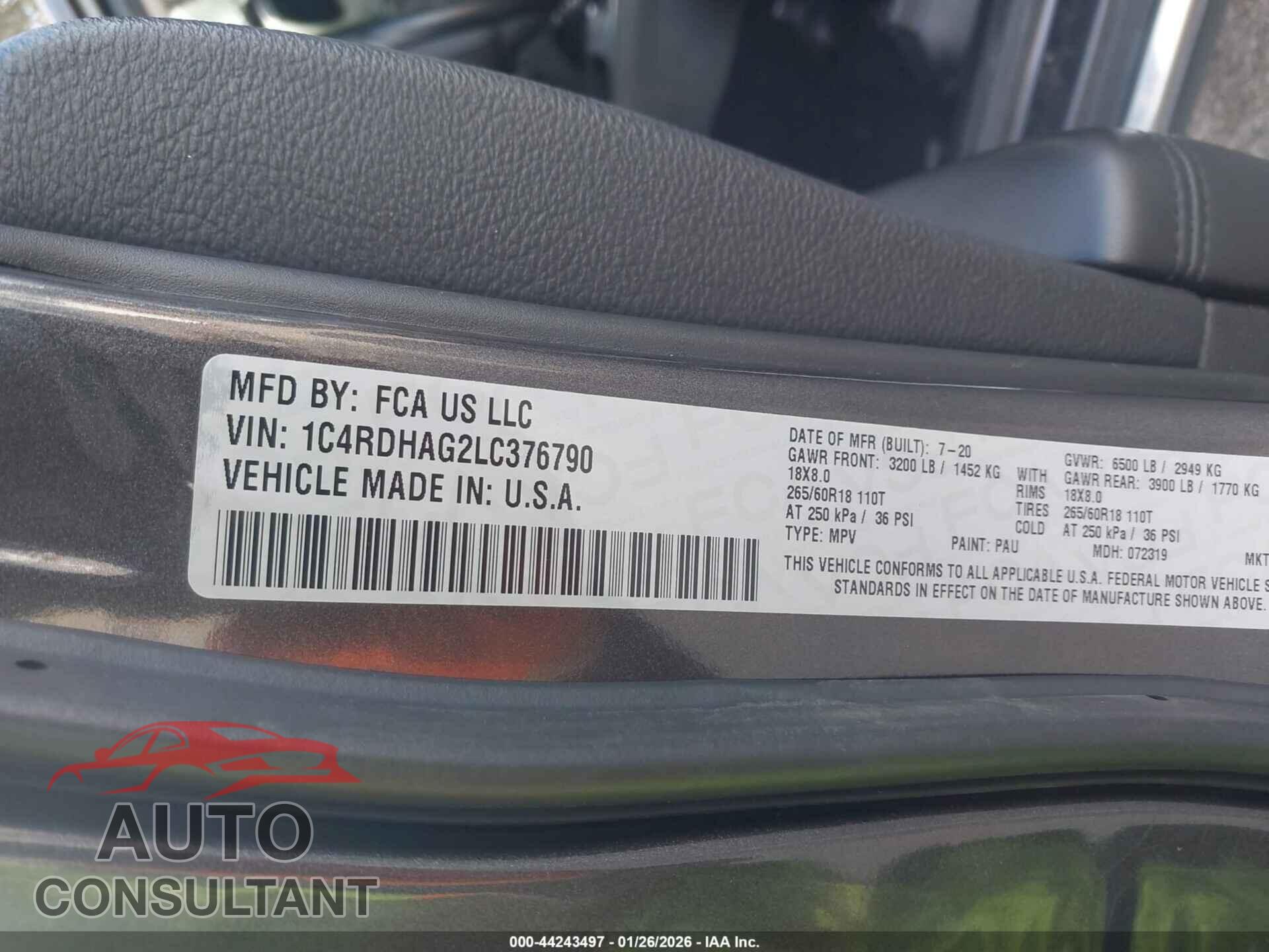 DODGE DURANGO 2020 - 1C4RDHAG2LC376790