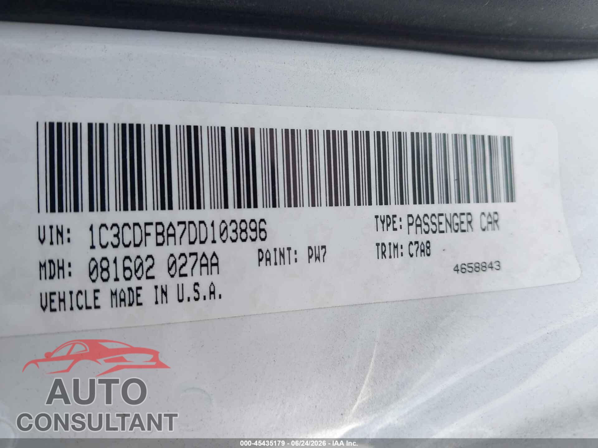 DODGE DART 2013 - 1C3CDFBA7DD103896
