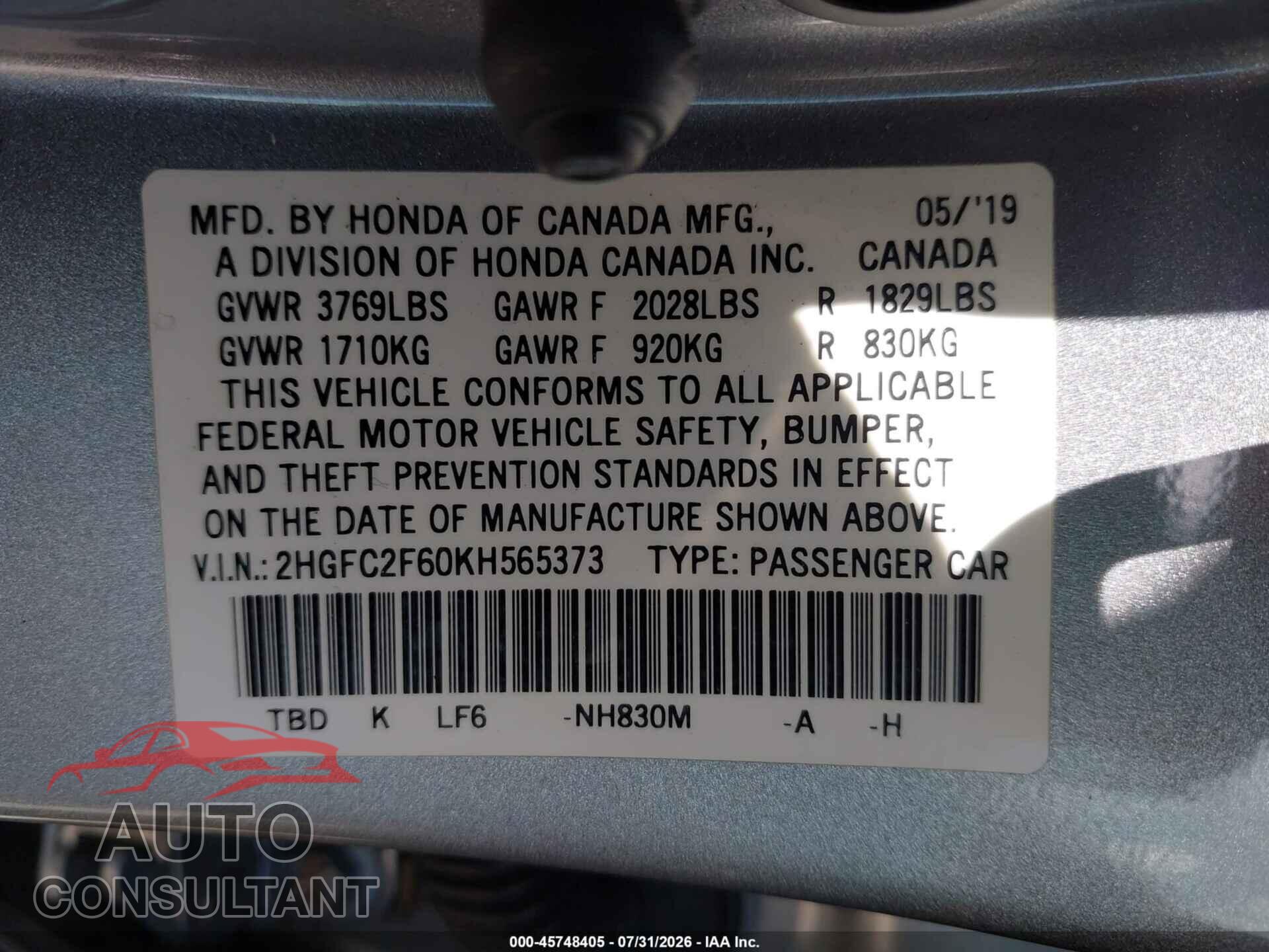 HONDA CIVIC 2019 - 2HGFC2F60KH565373