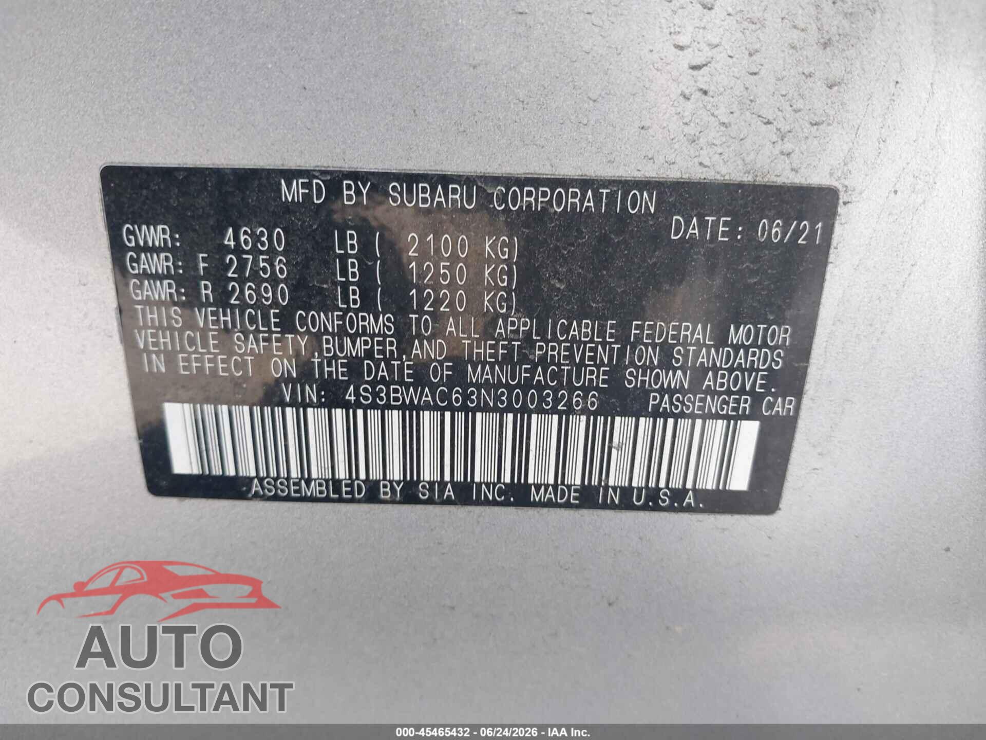SUBARU LEGACY 2022 - 4S3BWAC63N3003266