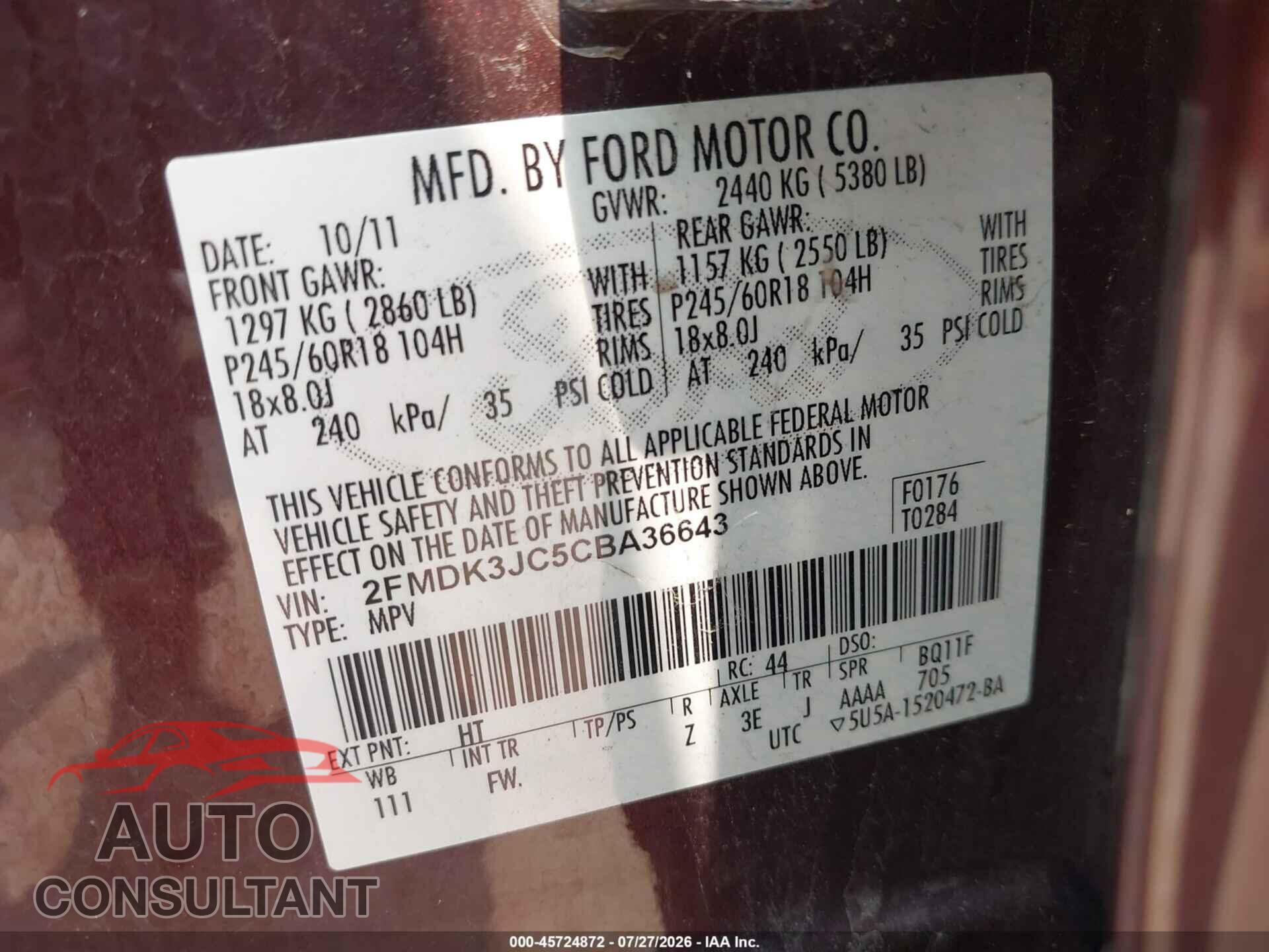 FORD EDGE 2012 - 2FMDK3JC5CBA36643