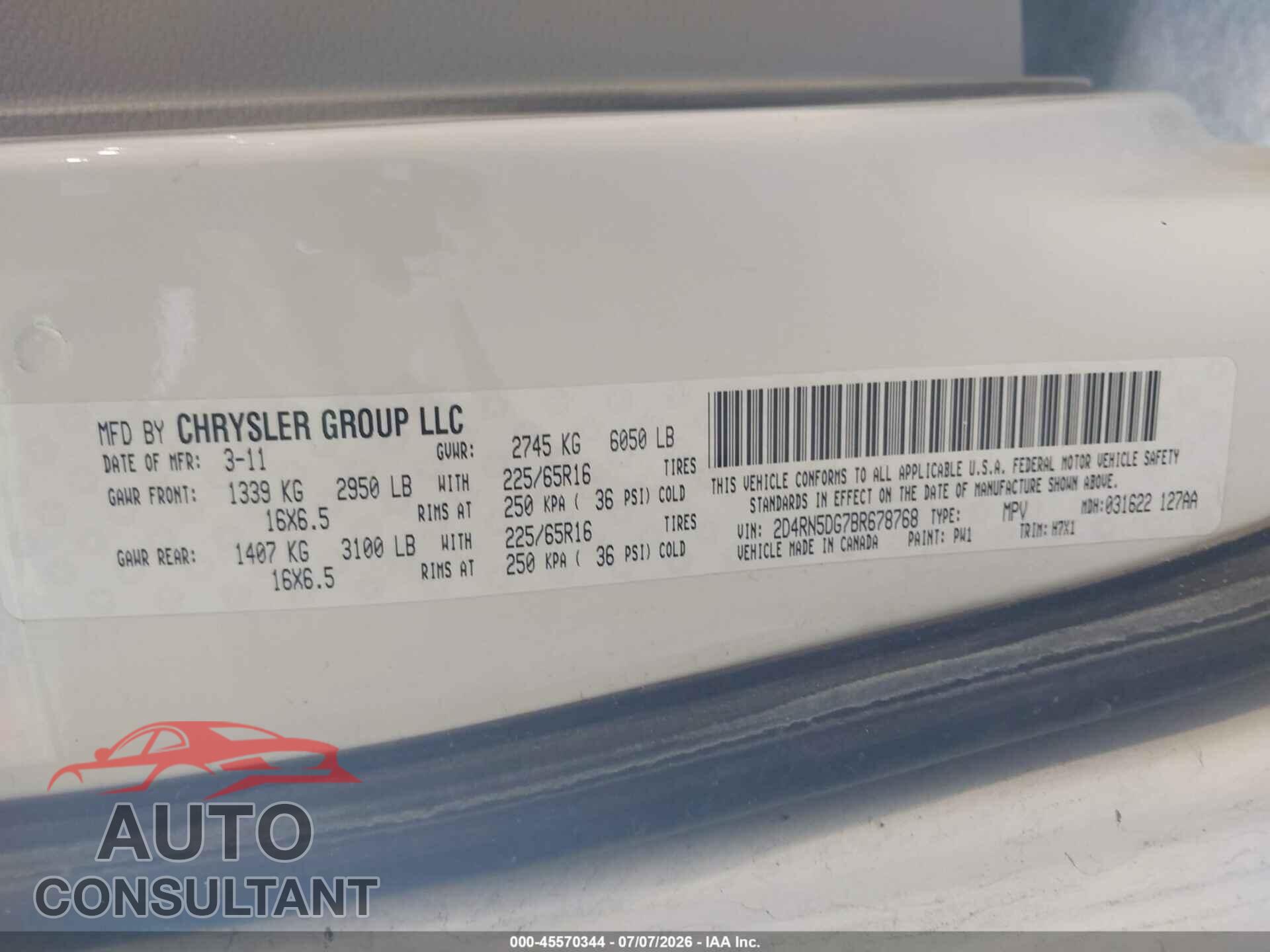 DODGE GRAND CARAVAN 2011 - 2D4RN5DG7BR678768
