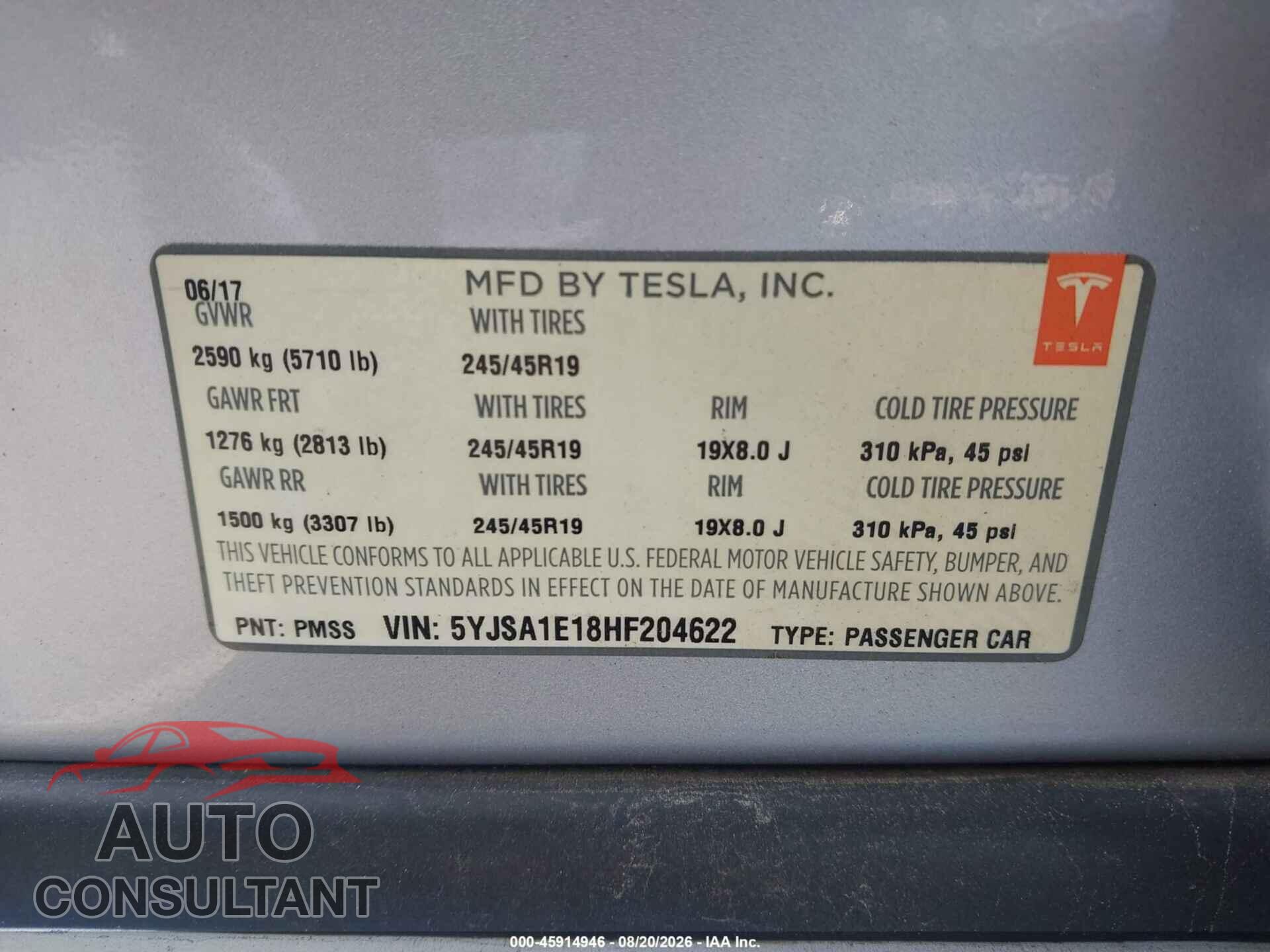 TESLA MODEL S 2017 - 5YJSA1E18HF204622