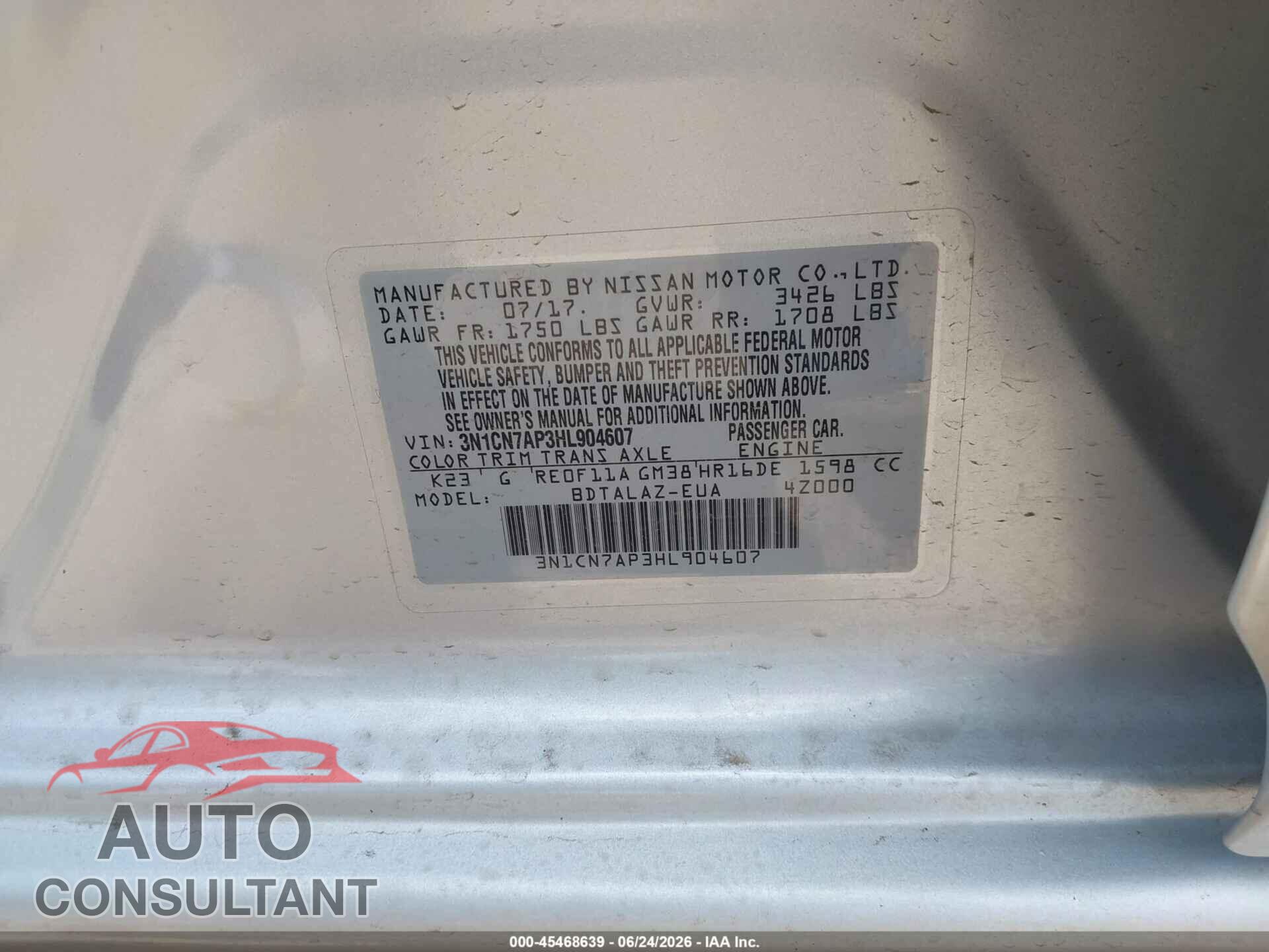 NISSAN VERSA 2017 - 3N1CN7AP3HL904607
