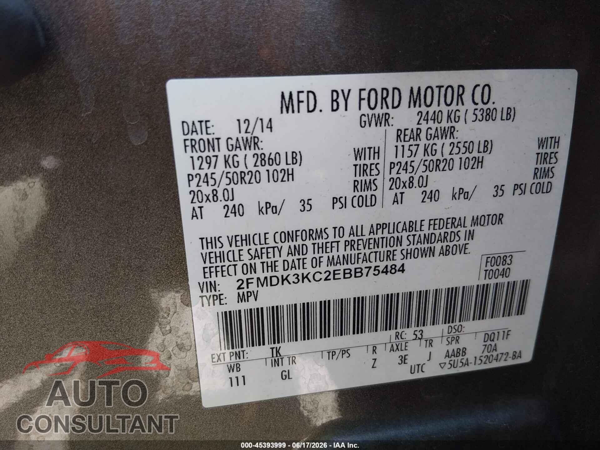 FORD EDGE 2014 - 2FMDK3KC2EBB75484