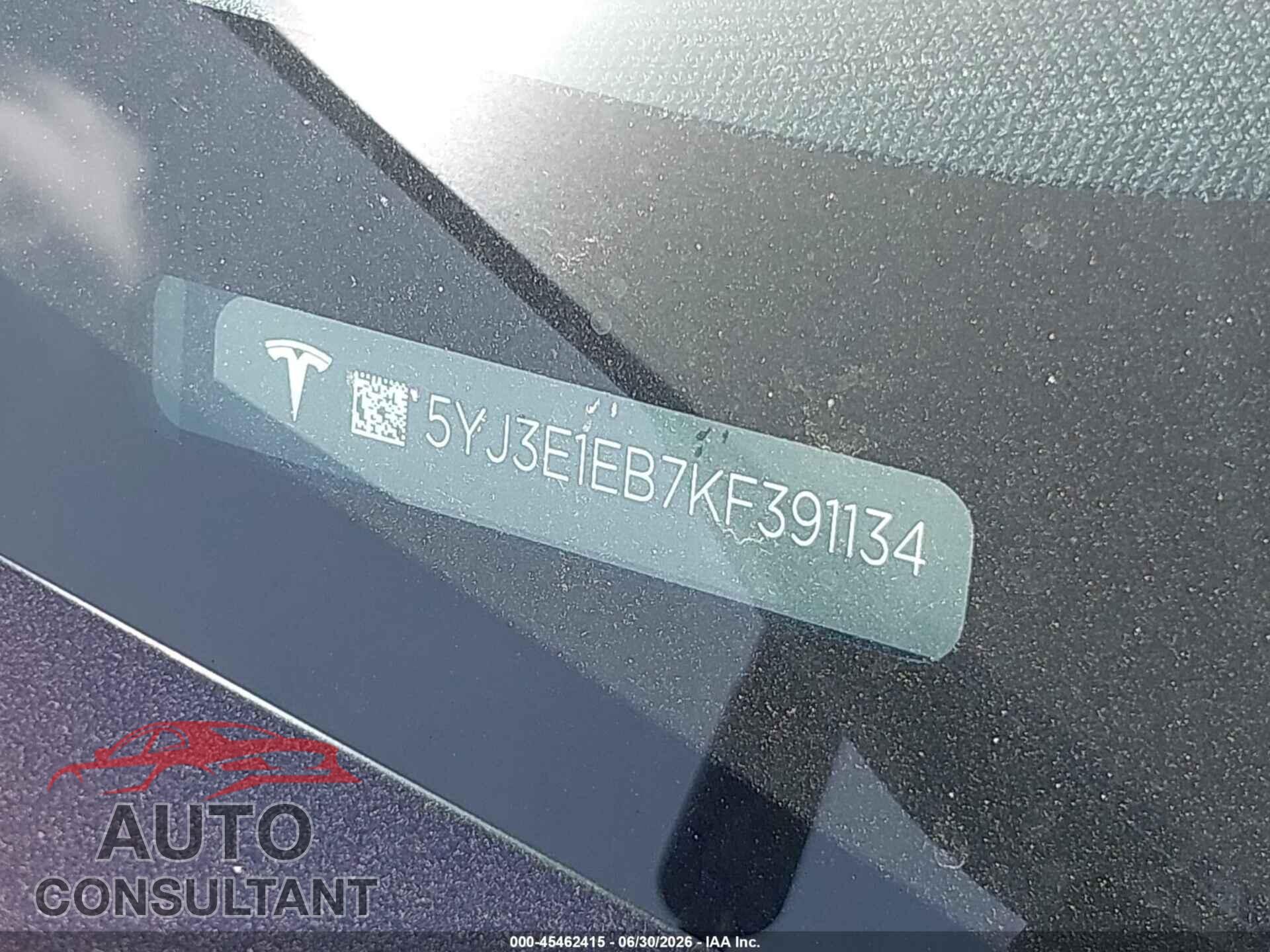 TESLA MODEL 3 2019 - 5YJ3E1EB7KF391134